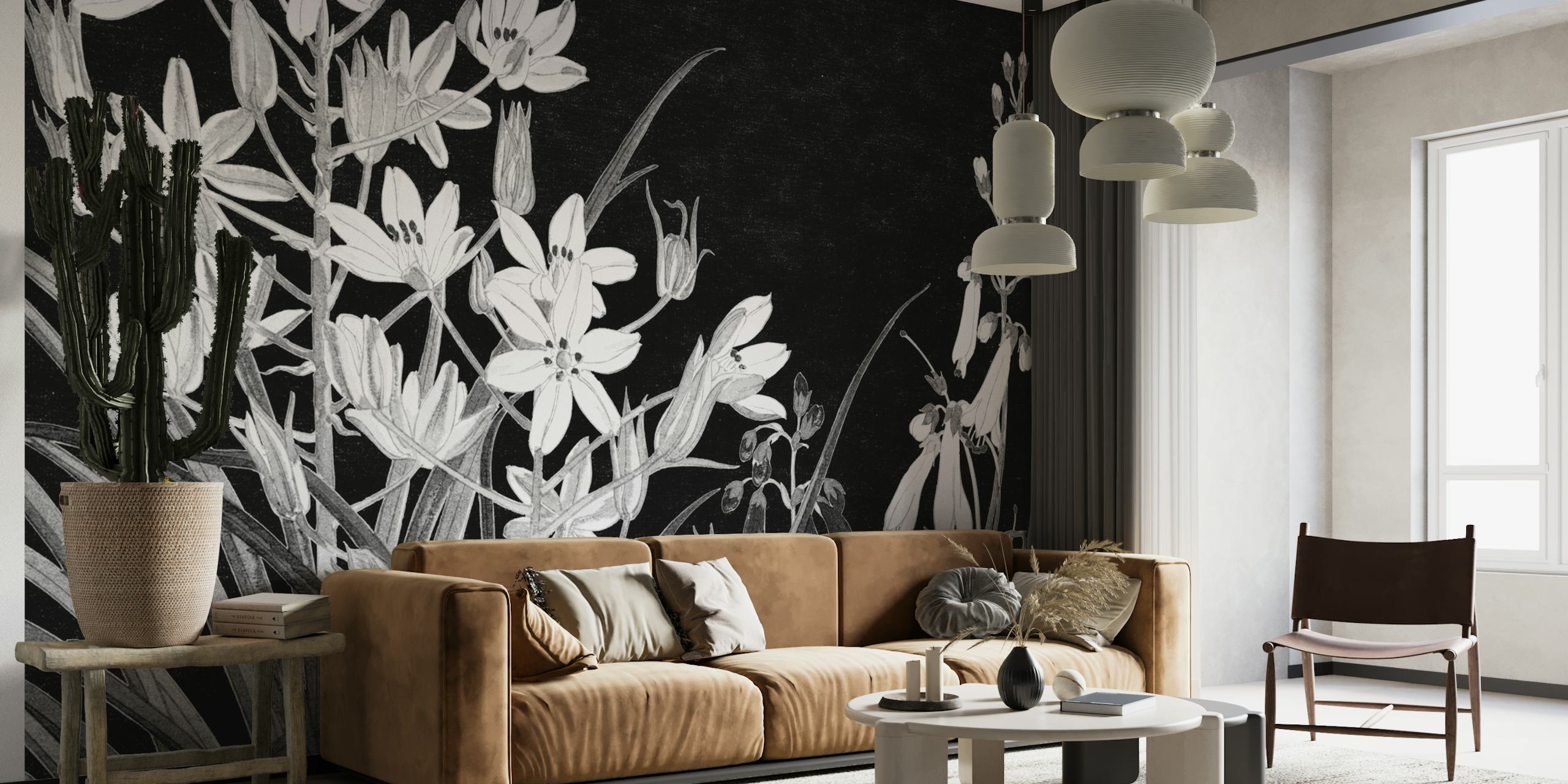 Skandinaavistyylinen kukkainen seinämaalaus yksivärisessä paletissa