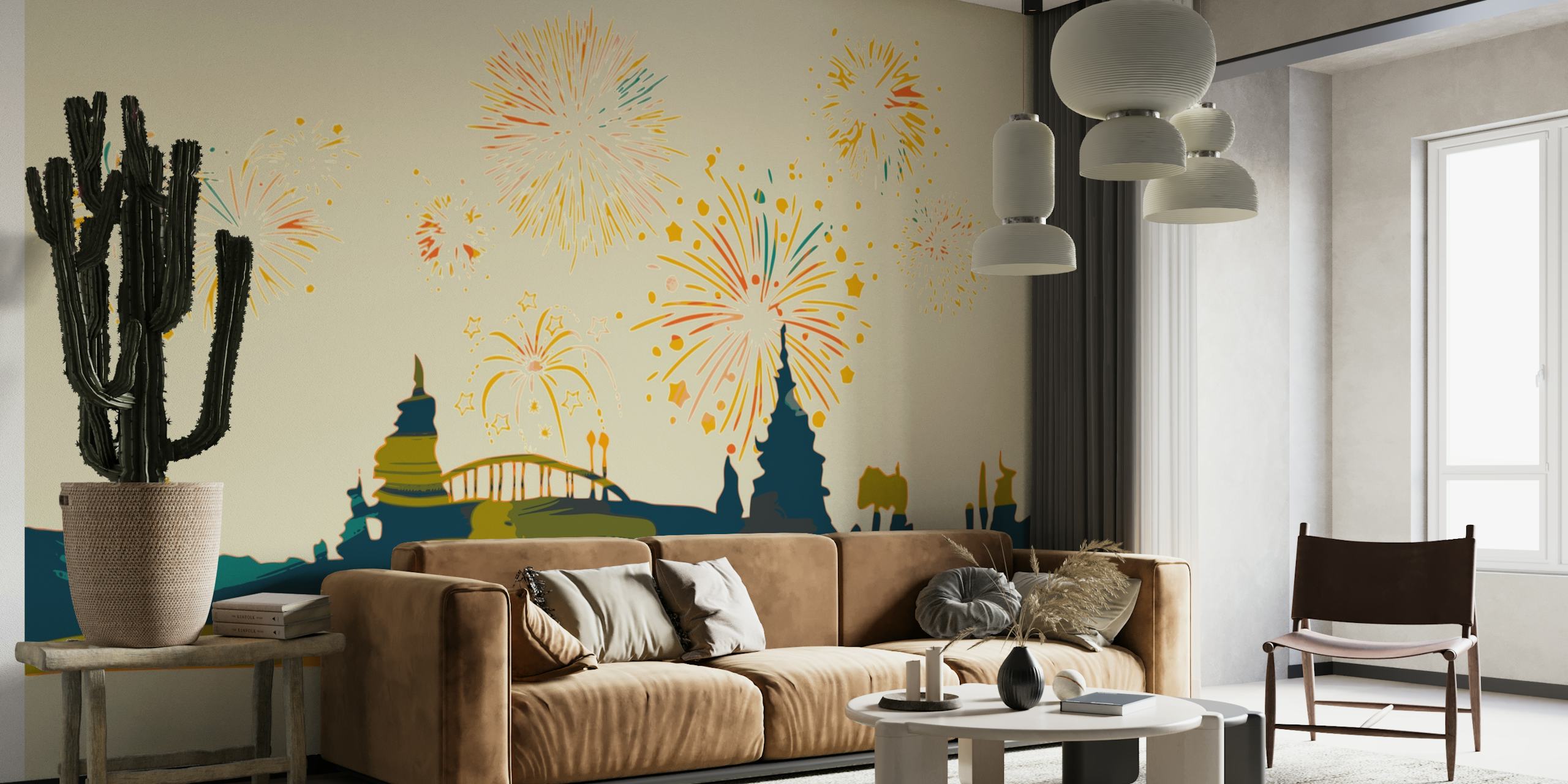 Abstraktes, farbenfrohes Skyline-Wandbild mit Stadtbild und Feuerwerksdesign