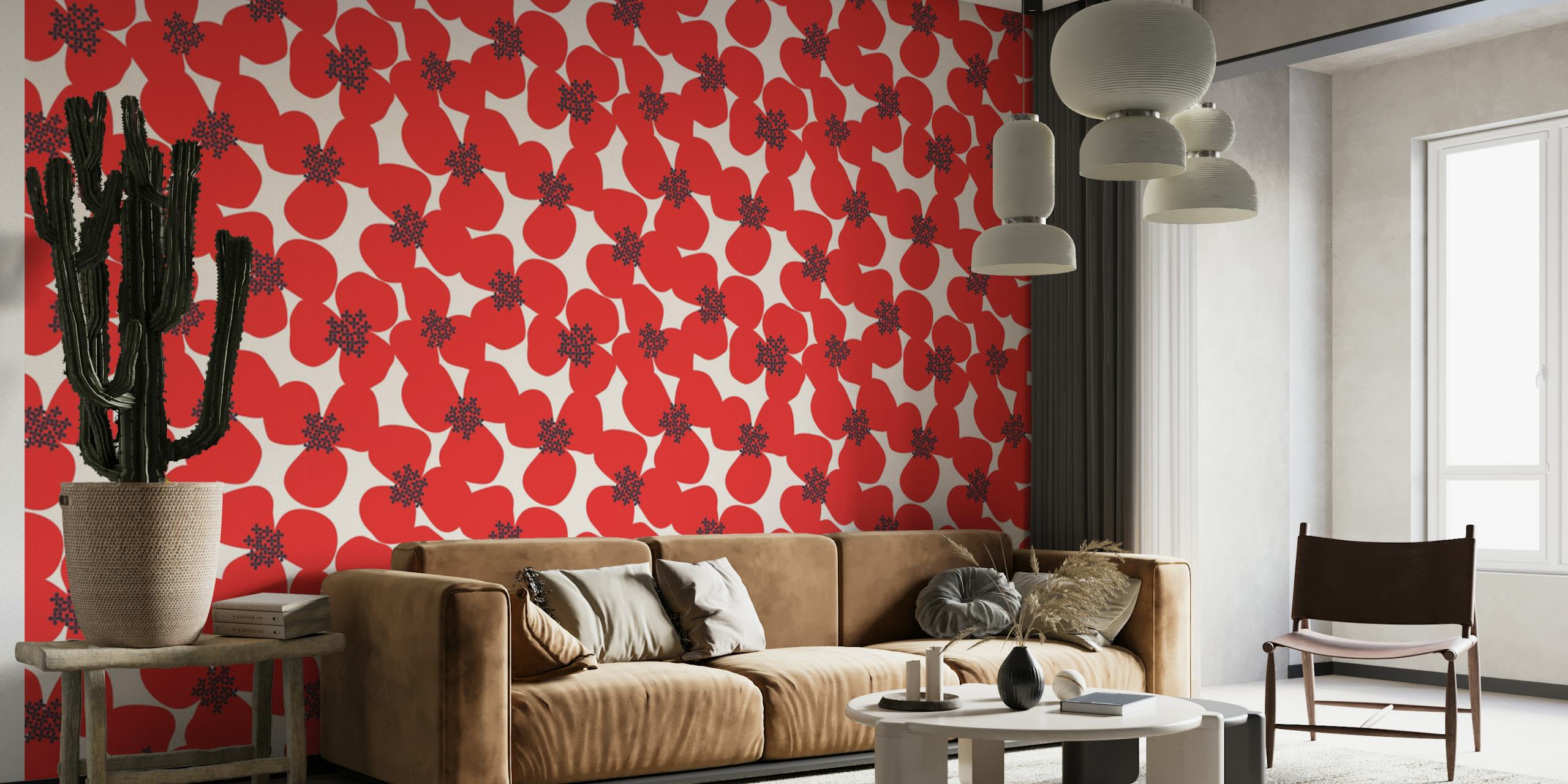 Red floral pattern wallpaper featuring bold flowers and shapes