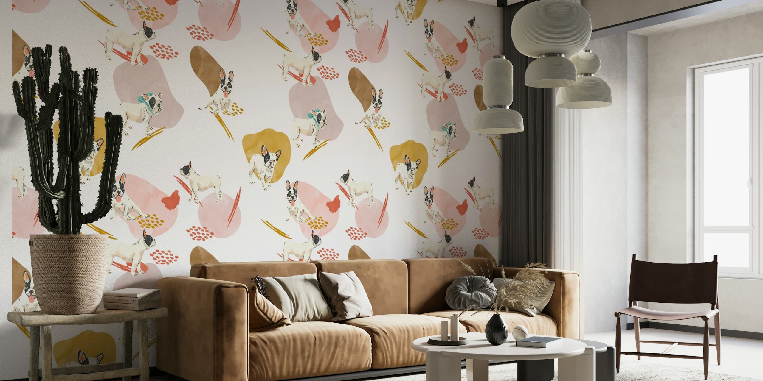 Cute French bulldogs in playful poses pattern on a wall mural