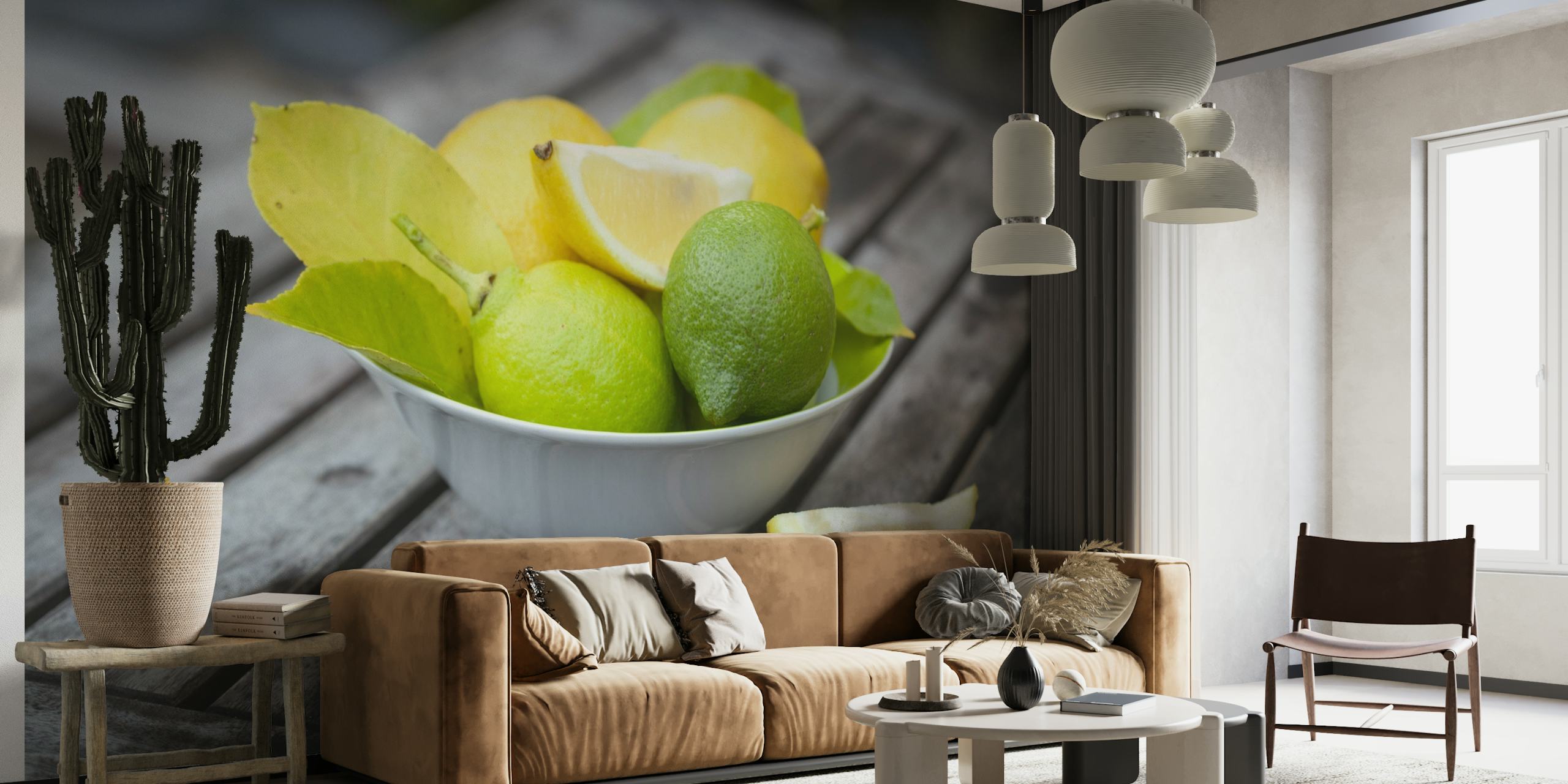 Bowl of fresh lemons and limes on wooden table wall mural