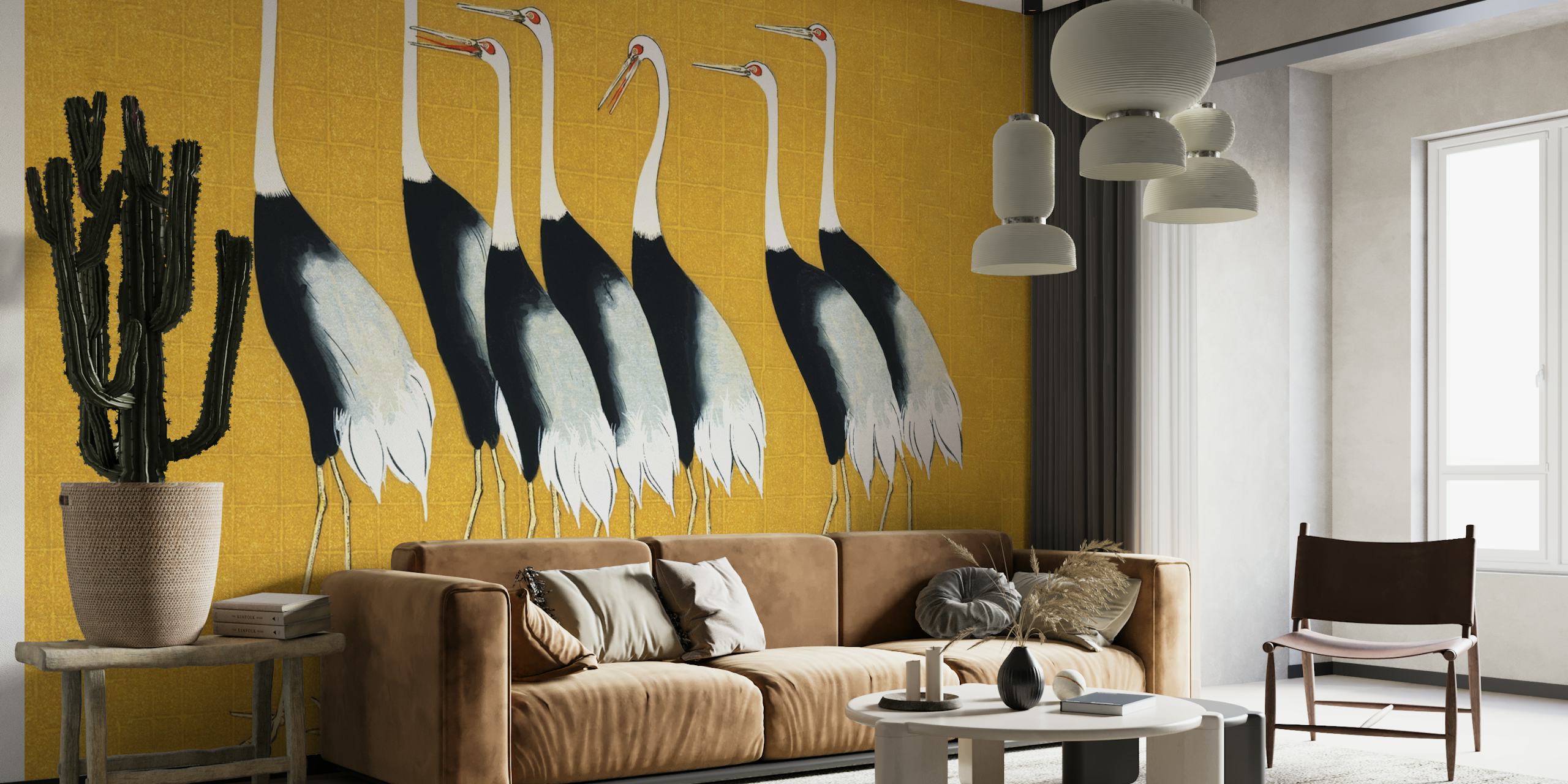Japan Cranes on Mustard wallpaper in a room