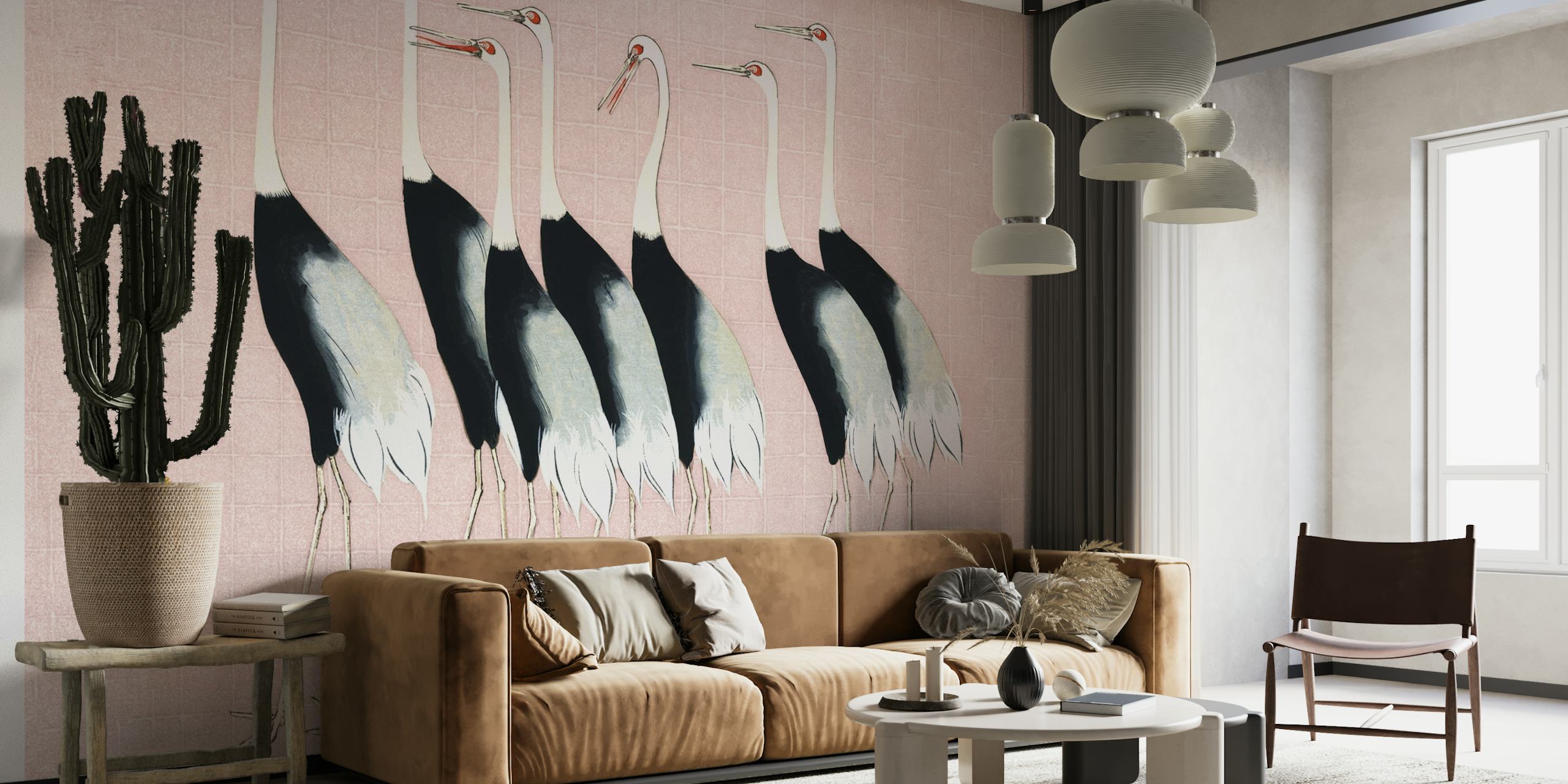 Japan Cranes on Blush Pink behang in een kamer