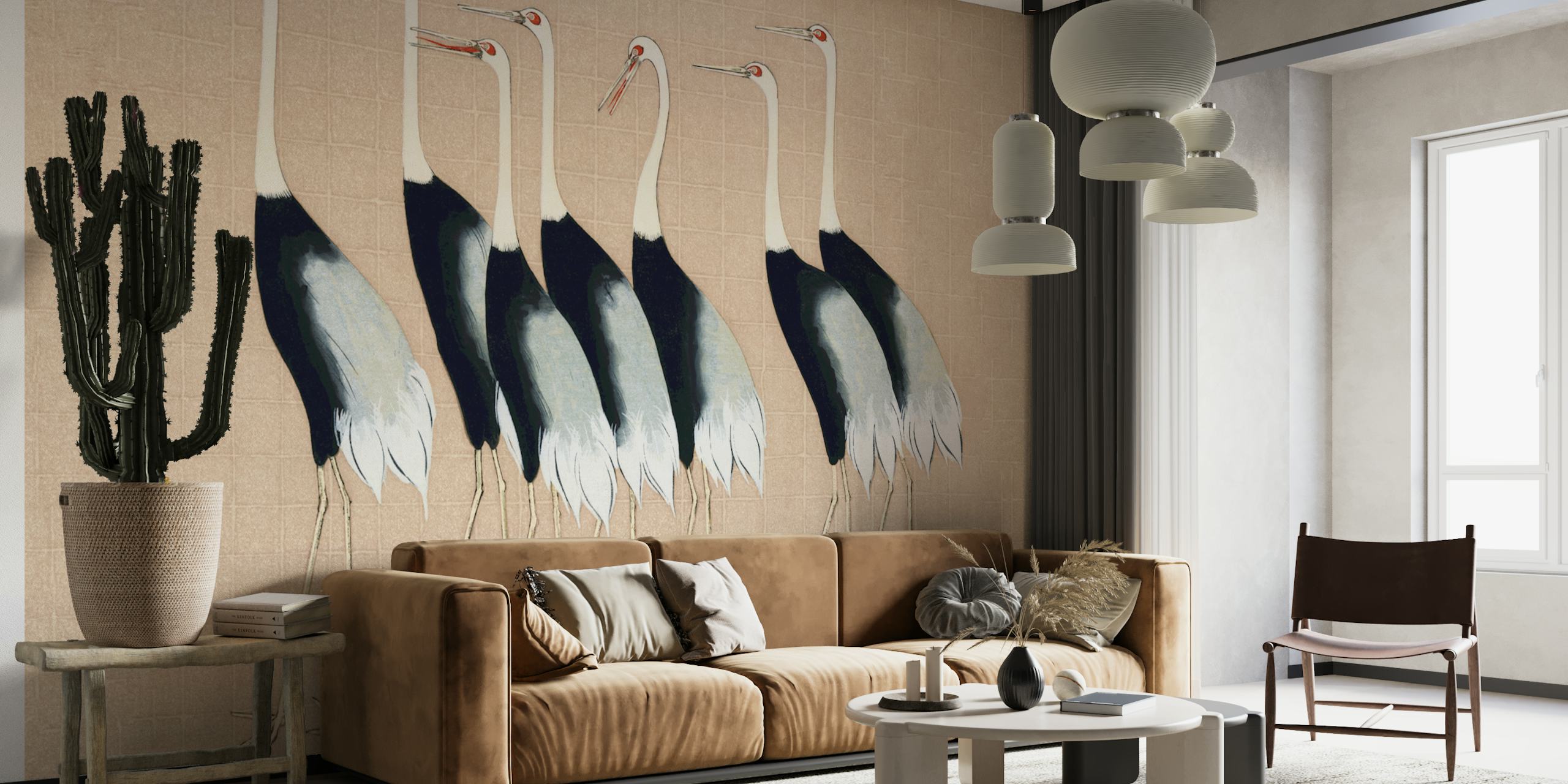 Japan cranes in black and white on cream wallpaper