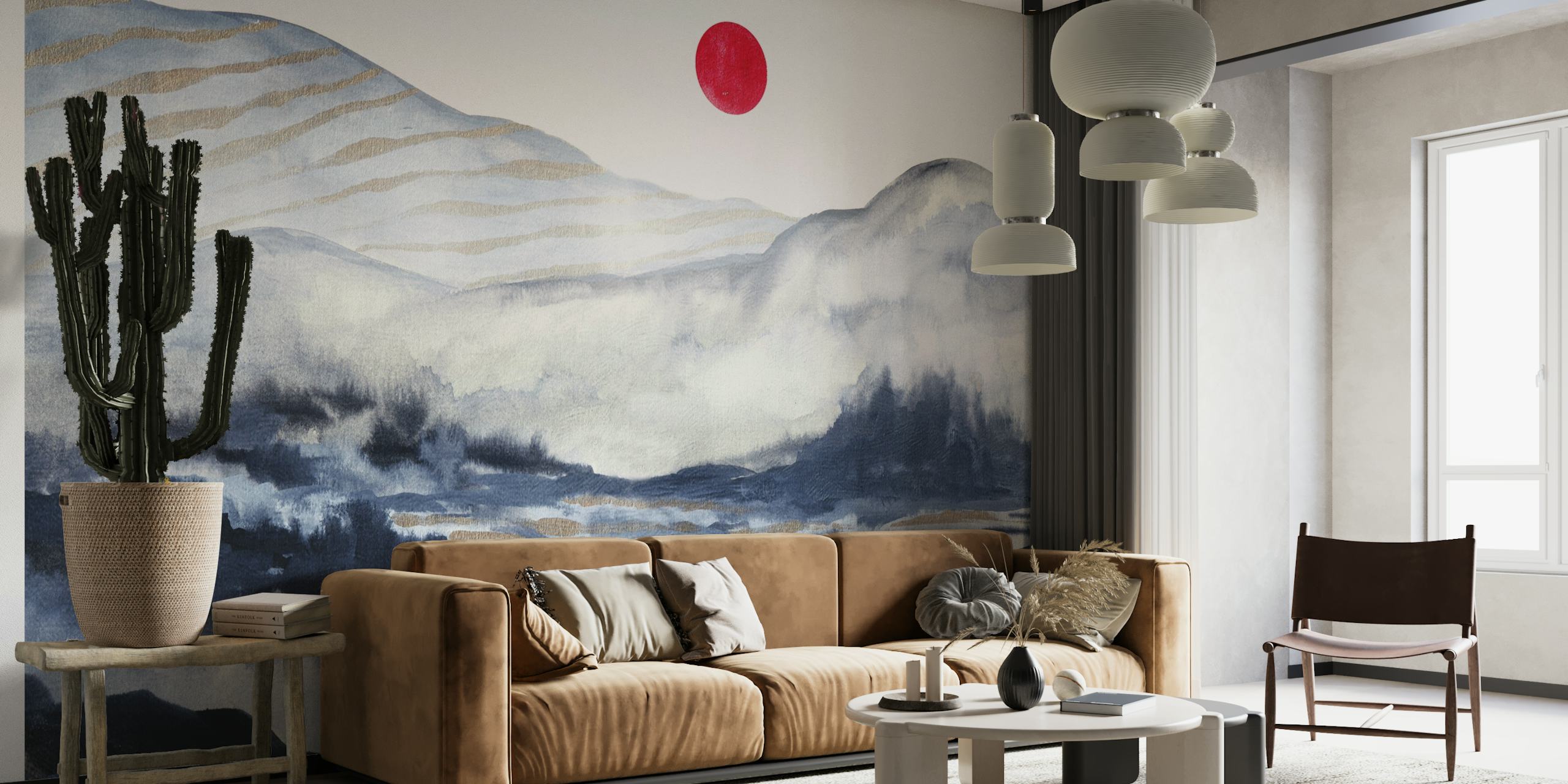 Abstract landscape wall mural with misty mountains and a red sun