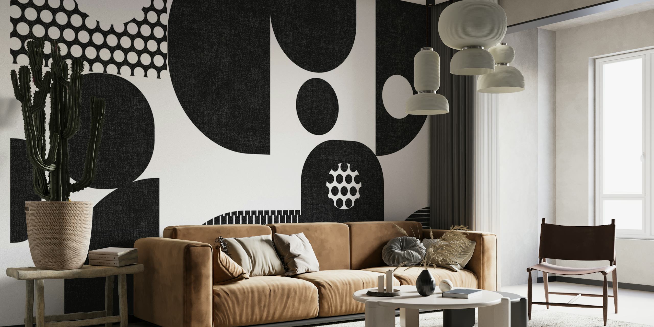 Yksivärinen geometrinen muotoinen seinämaalaus abstraktilla mustavalkoisella kuviolla
