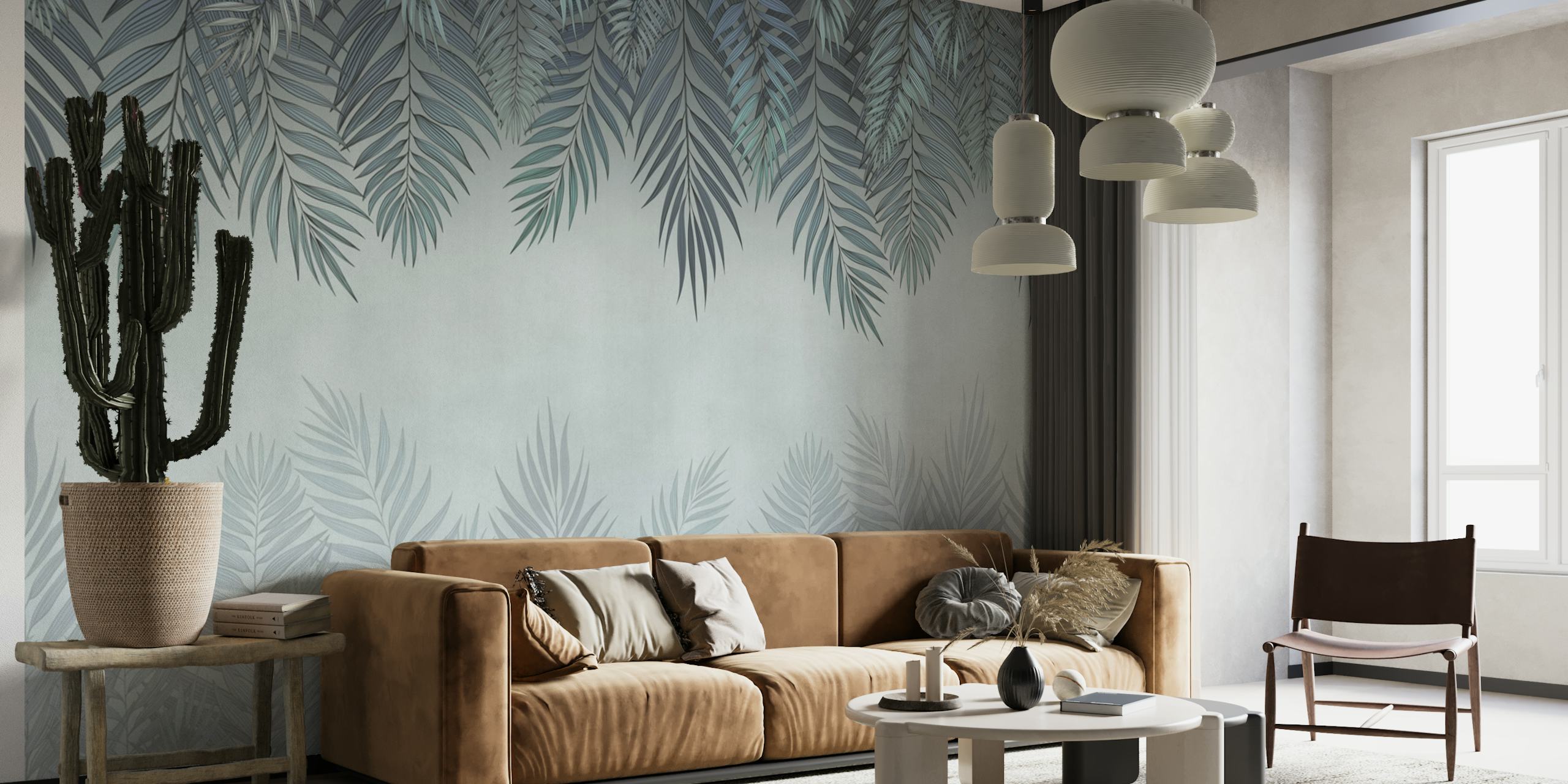Pale blue palm leaves wallpaper