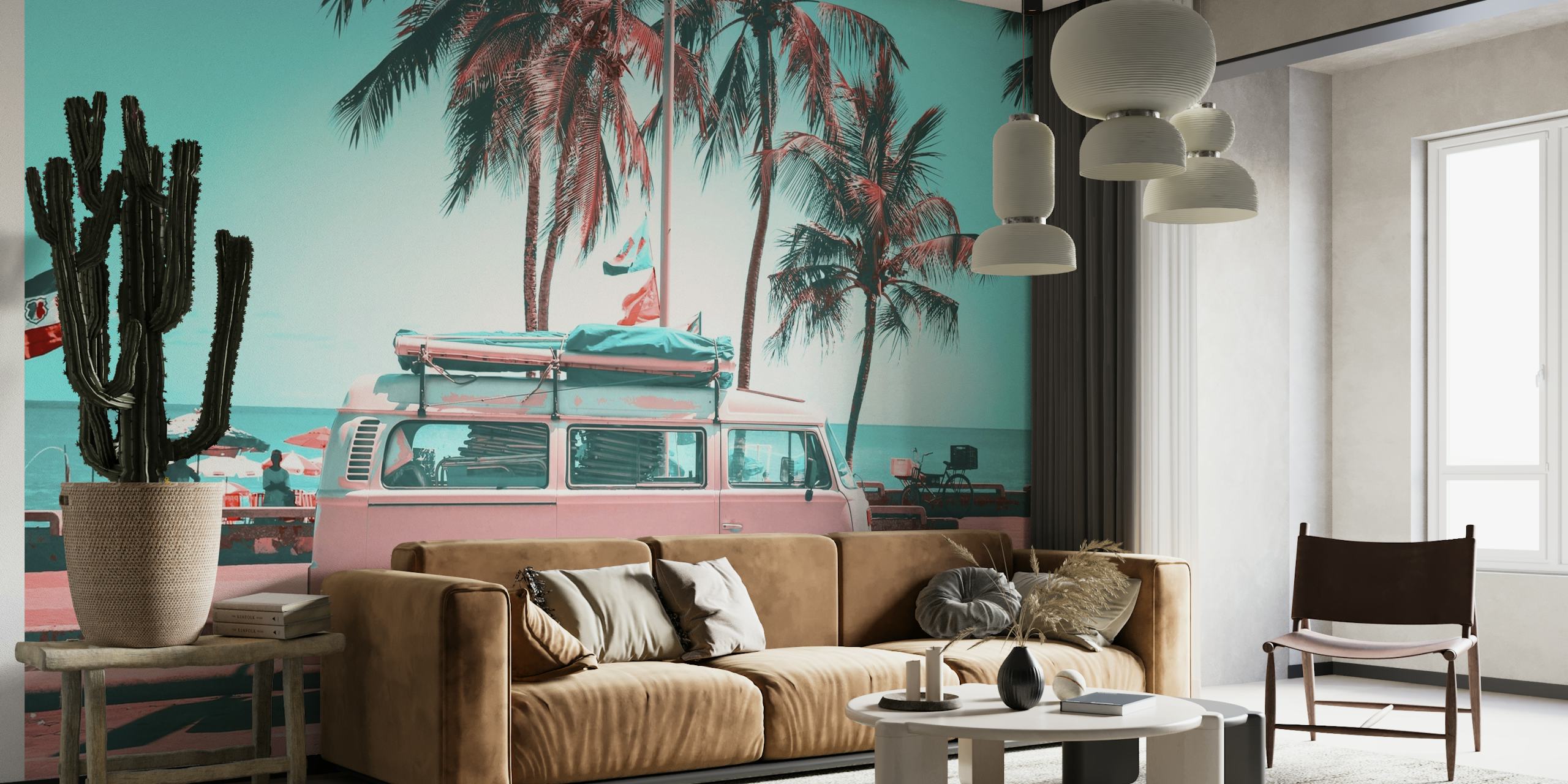 Retro-style van under palm trees wall mural on happywall.com