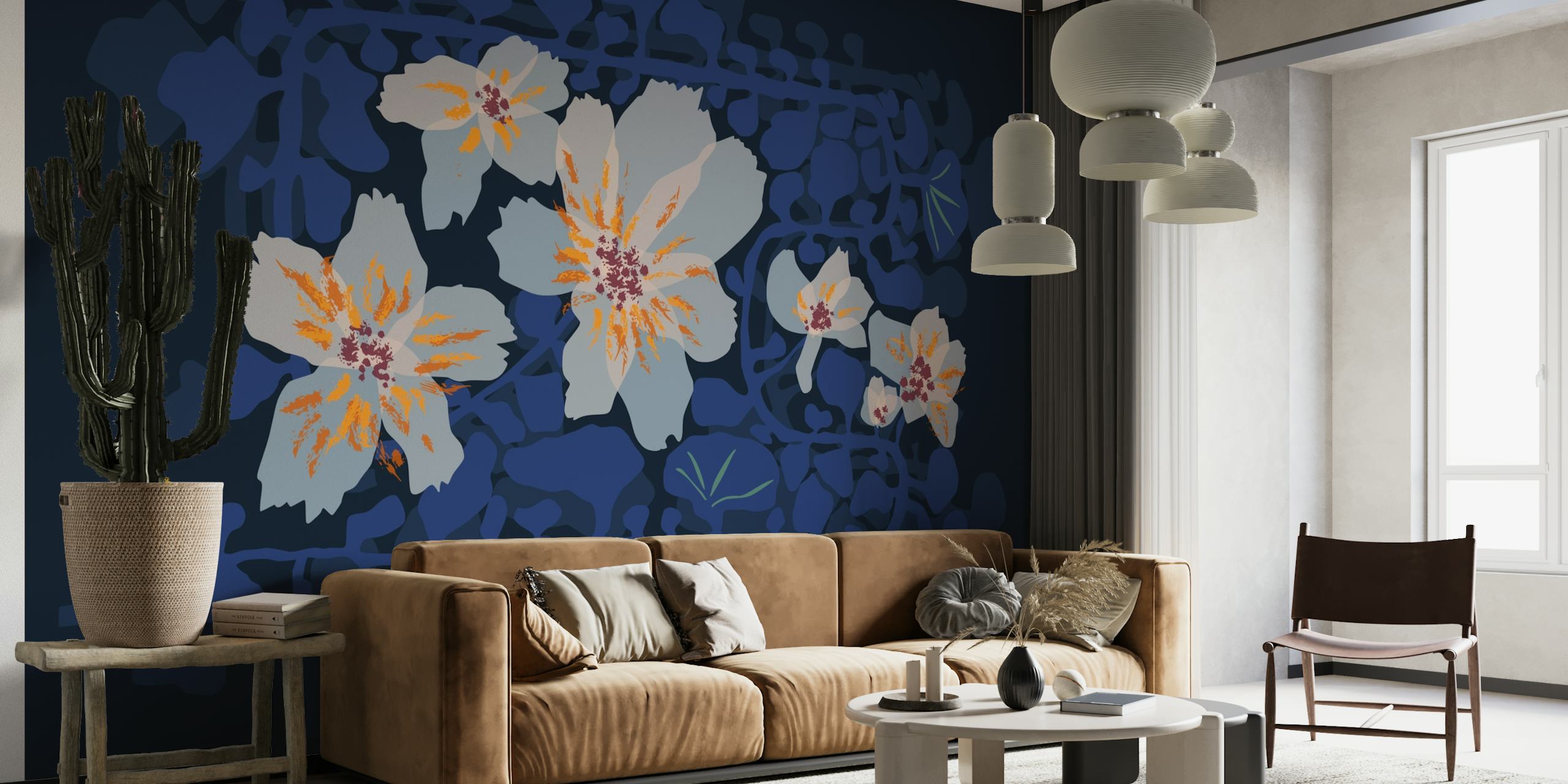 Orchid Shadow Blue Notes wall mural with blue background and pale orchids
