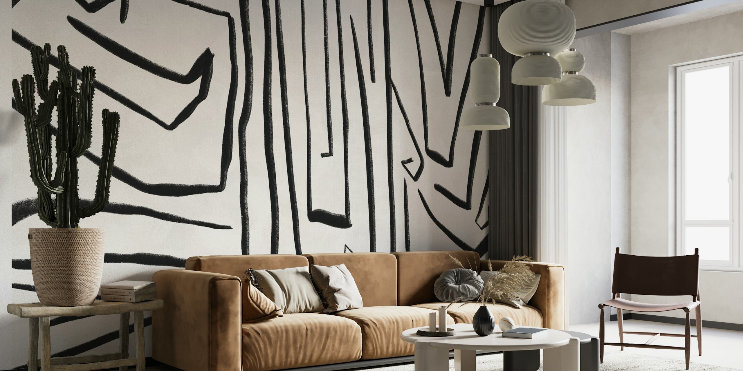 Abstrakt veggmaleri med svarte og hvite linjer, Modern Improvisation 02