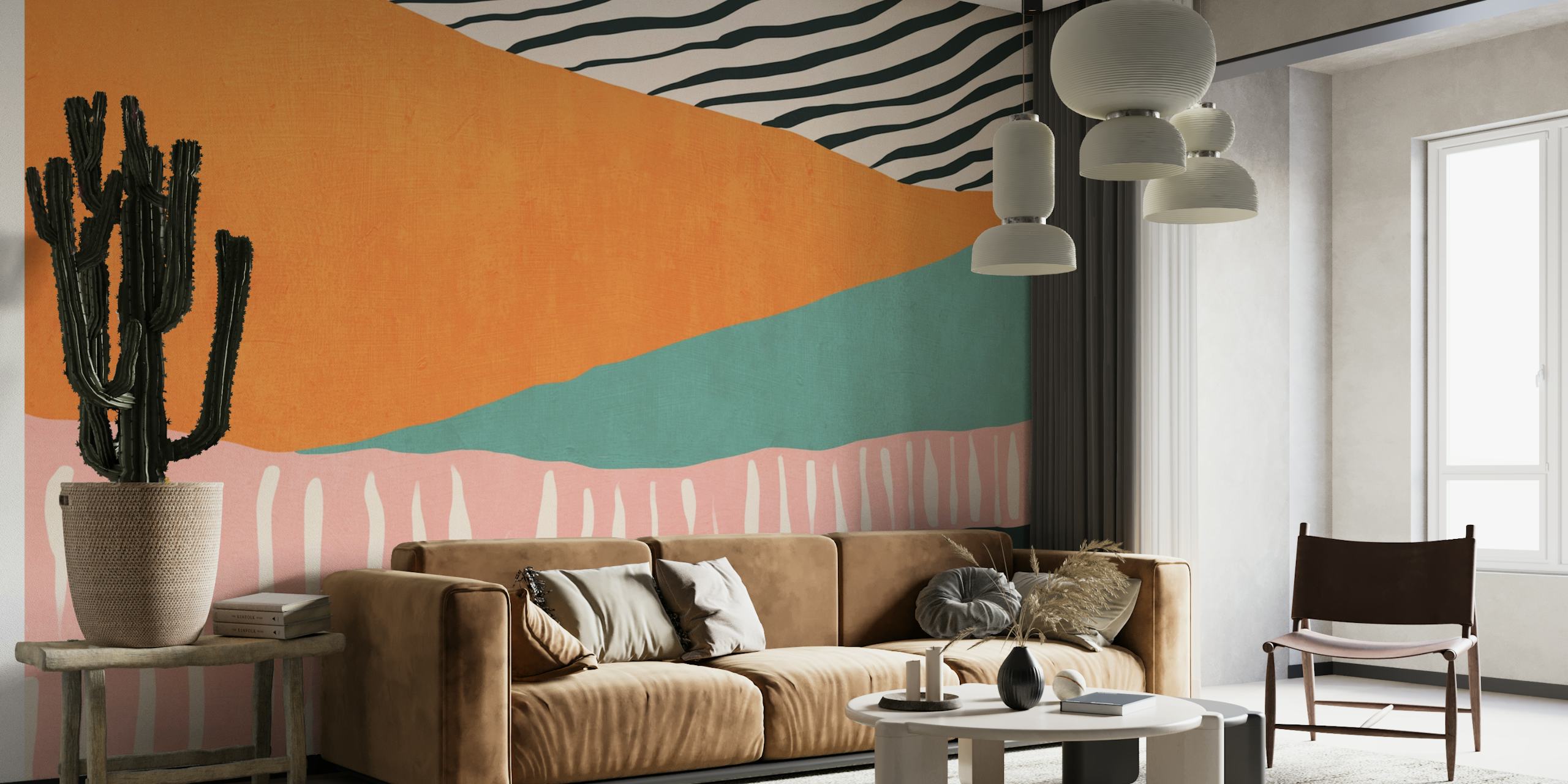 Abstrakti raidallinen seinämaalaus oransseilla, turkoosilla, pinkillä ja vihreillä kuvioilla