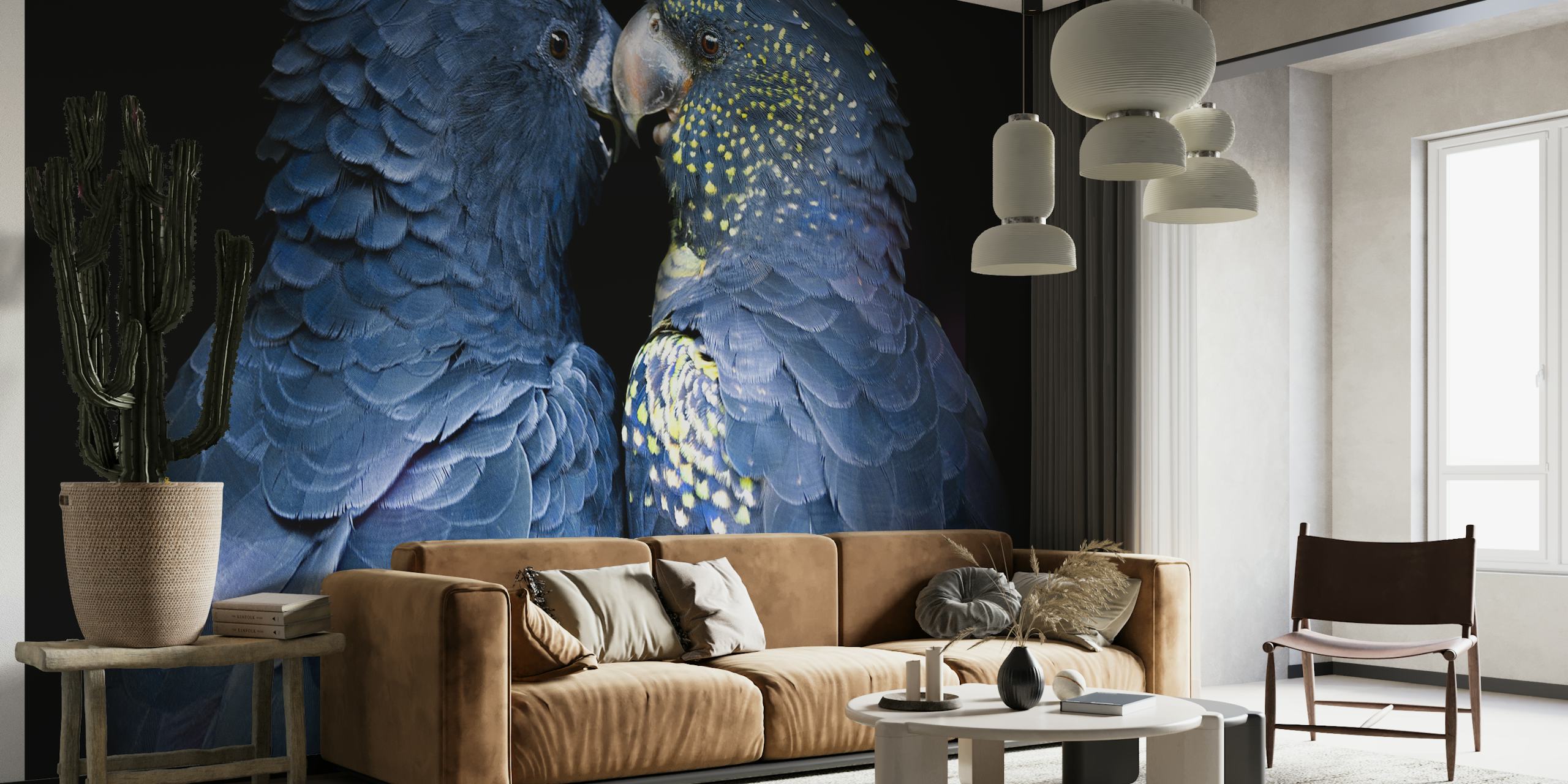 Two navy blue love birds close together with intricate feather detail wallpaper