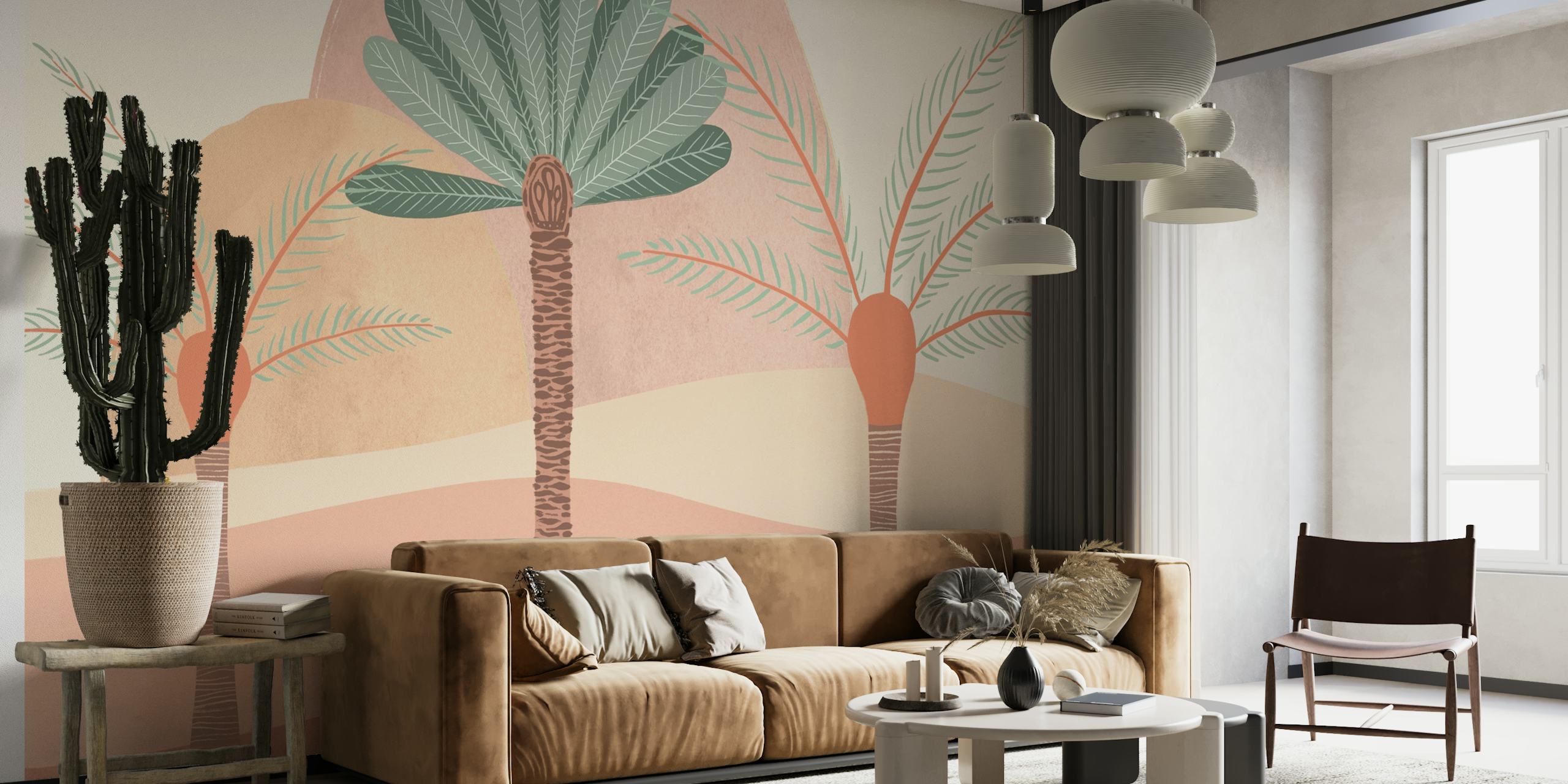 Peachy Sands serene desert wall mural with stylized flora in soft peach and sandy tones.