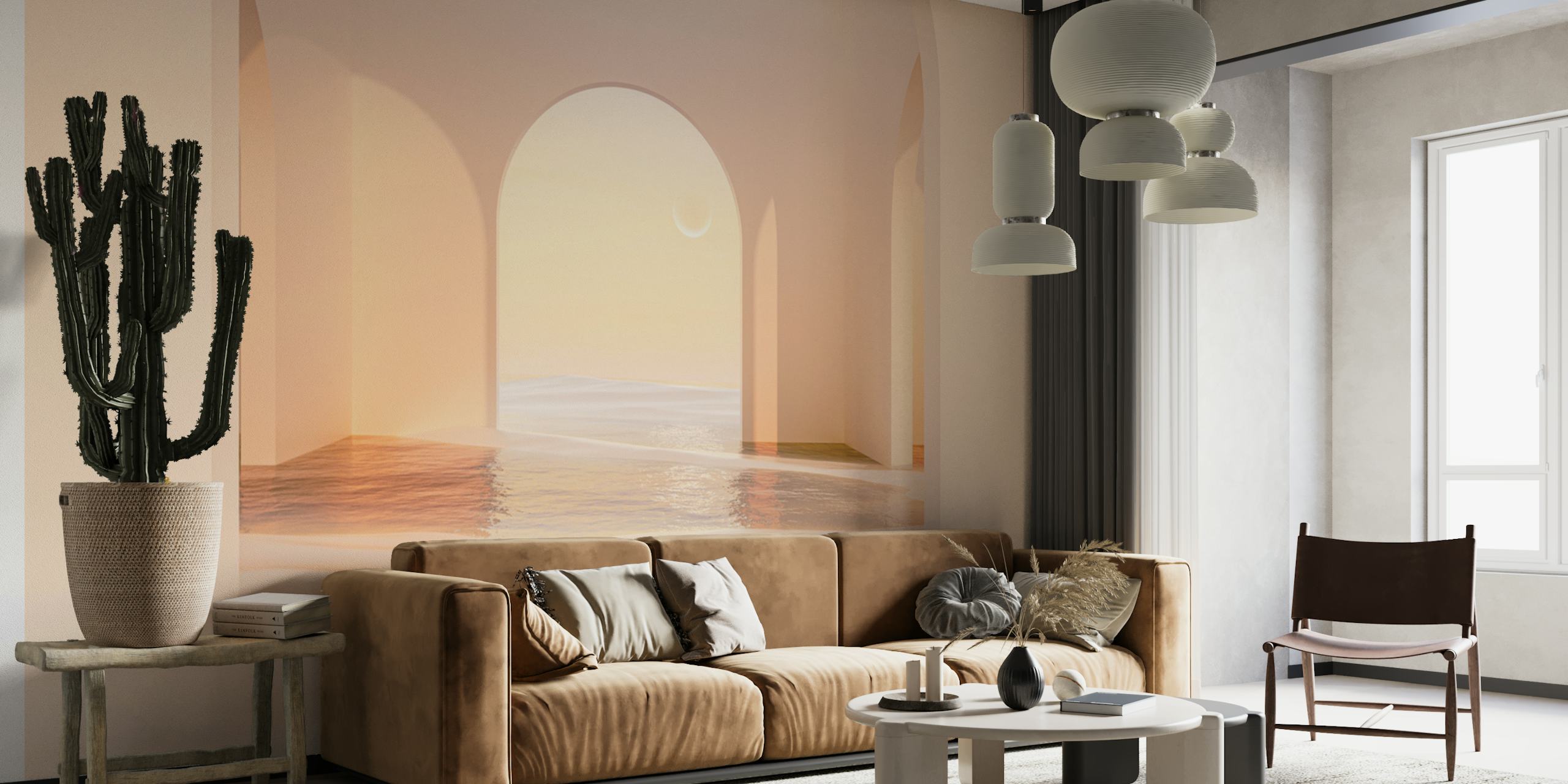 Arched openings with soft cream hues and a pastel sunset wallpaper