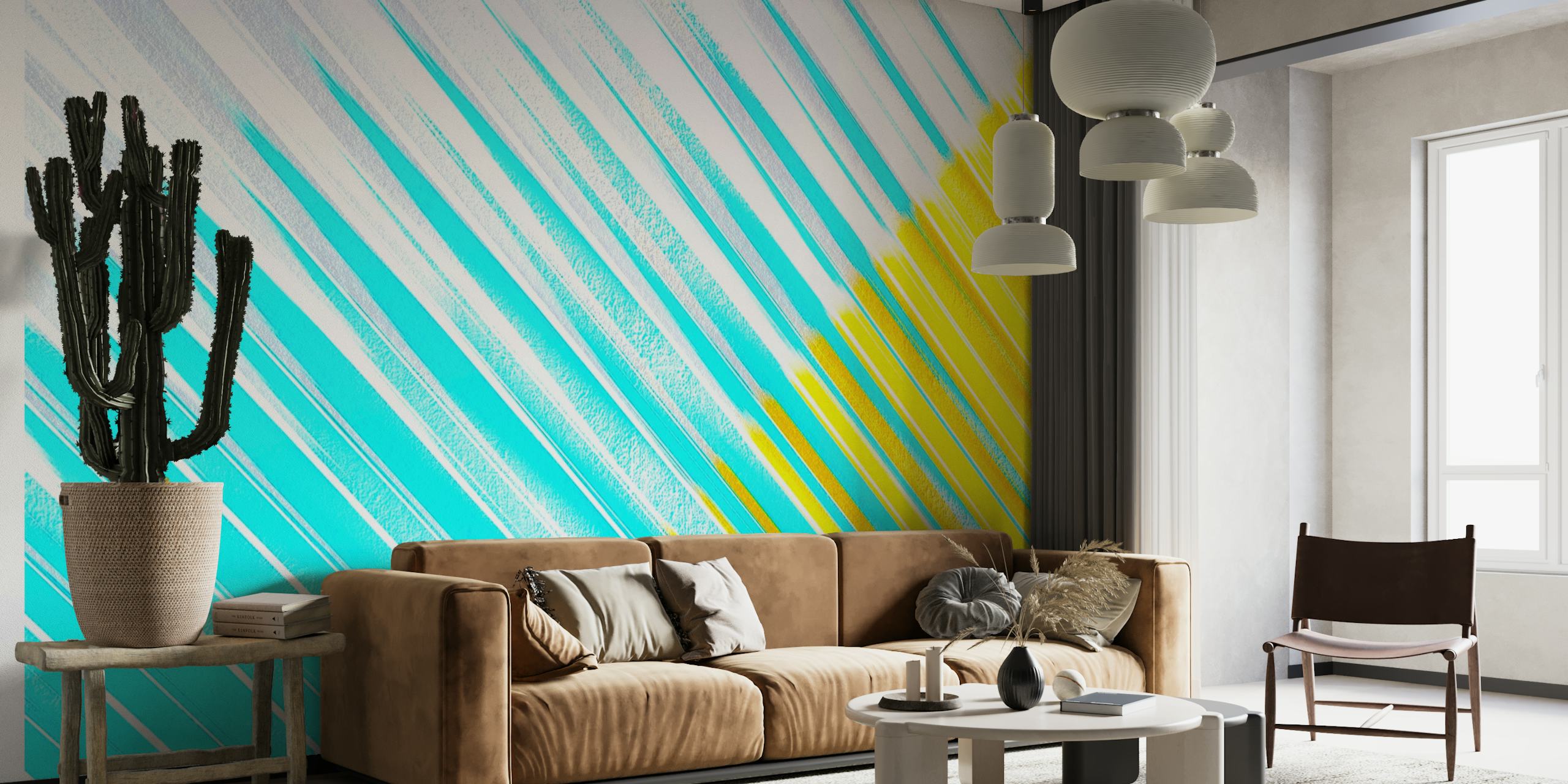 Abstract diagonal stripe pattern in cyan, magenta, and yellow for wall mural 'CMY 3'.