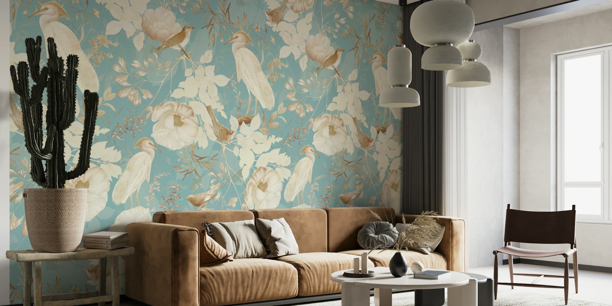 Vintage-style wall mural with exotic birds and floral blossoms in pastel colors