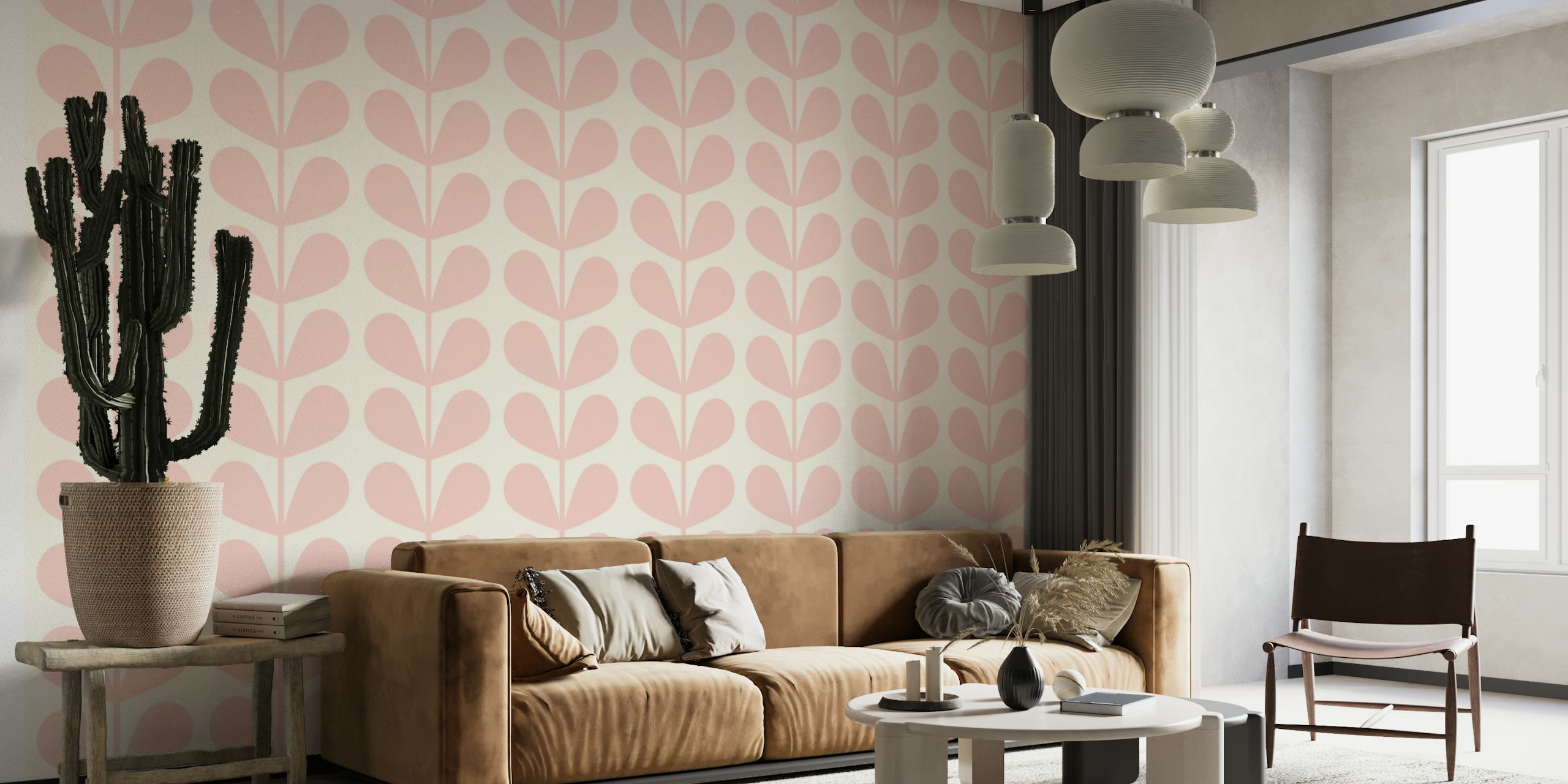 Mid Century Pink Leaves Wallpaper, Vintage Wall Decor by Happywall