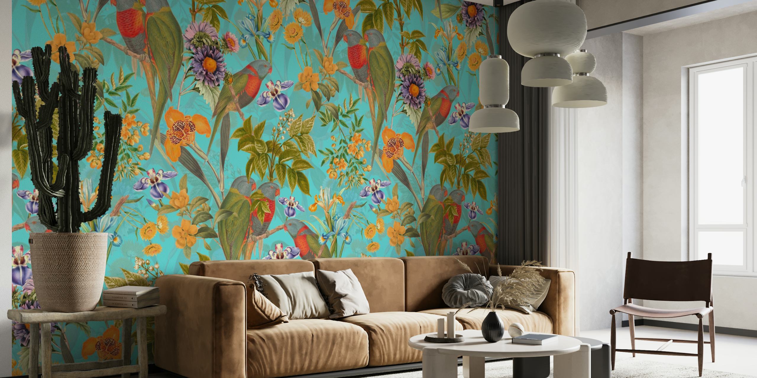 Papel de parede Turquoise Retro Parrots Jungle em um quarto