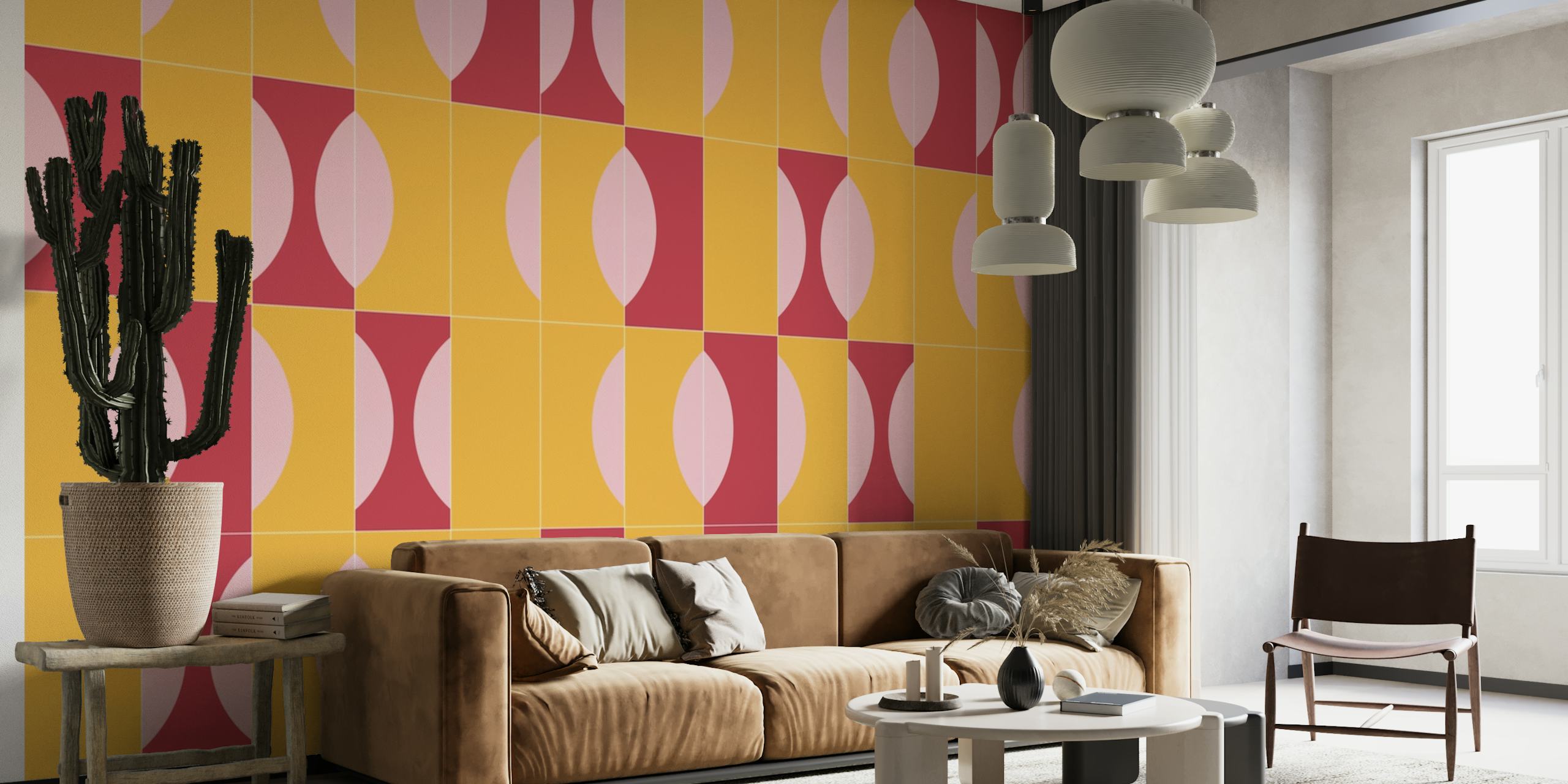 Mural abstrato Sunny Tiles 03 com formas geométricas em tons de laranja, rosa e lavanda