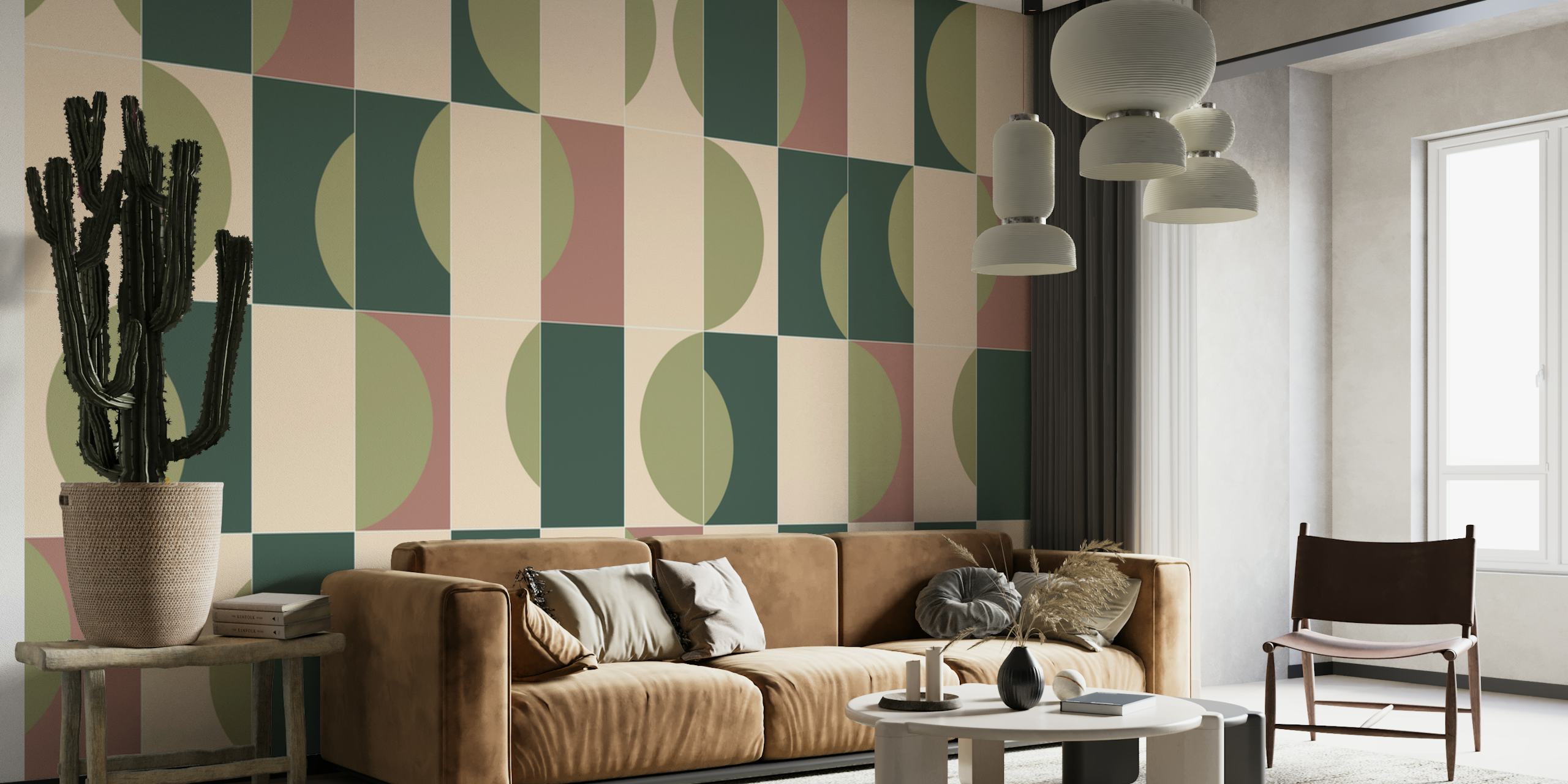 Geometric patterns in green, pink, and cream wallpaper