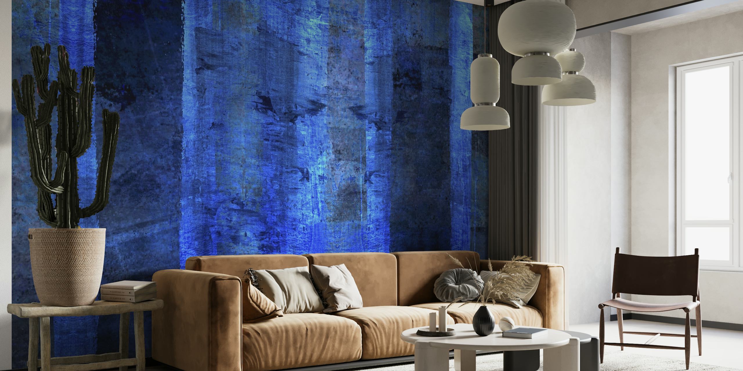 Ethereal indigo blue wall mural with abstract vertical streaks