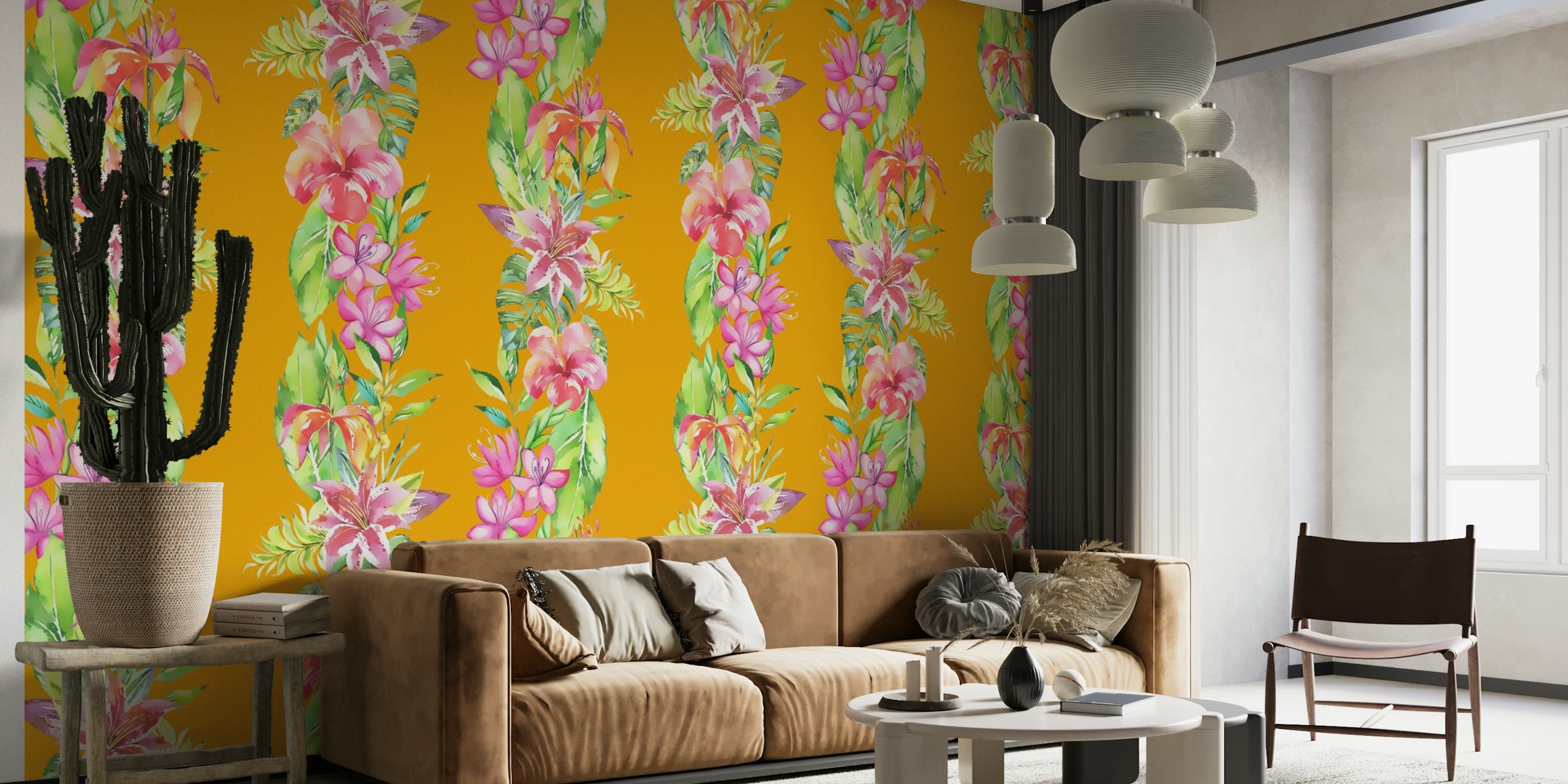 Padrões florais tropicais coloridos em fotomural vinílico de parede com fundo listrado amarelo