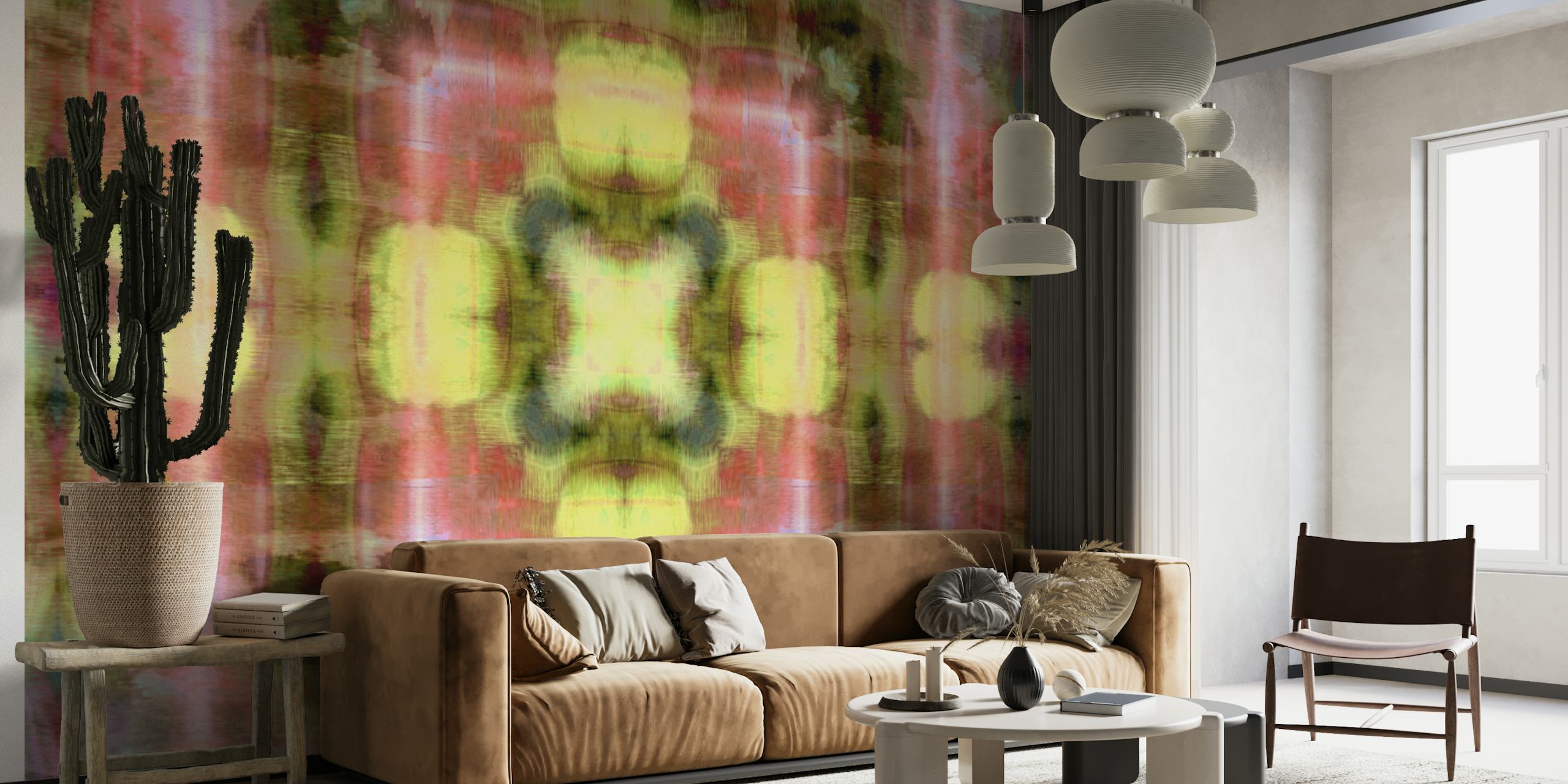 Colorful tie dye pattern with pink, yellow, and green hues wallpaper