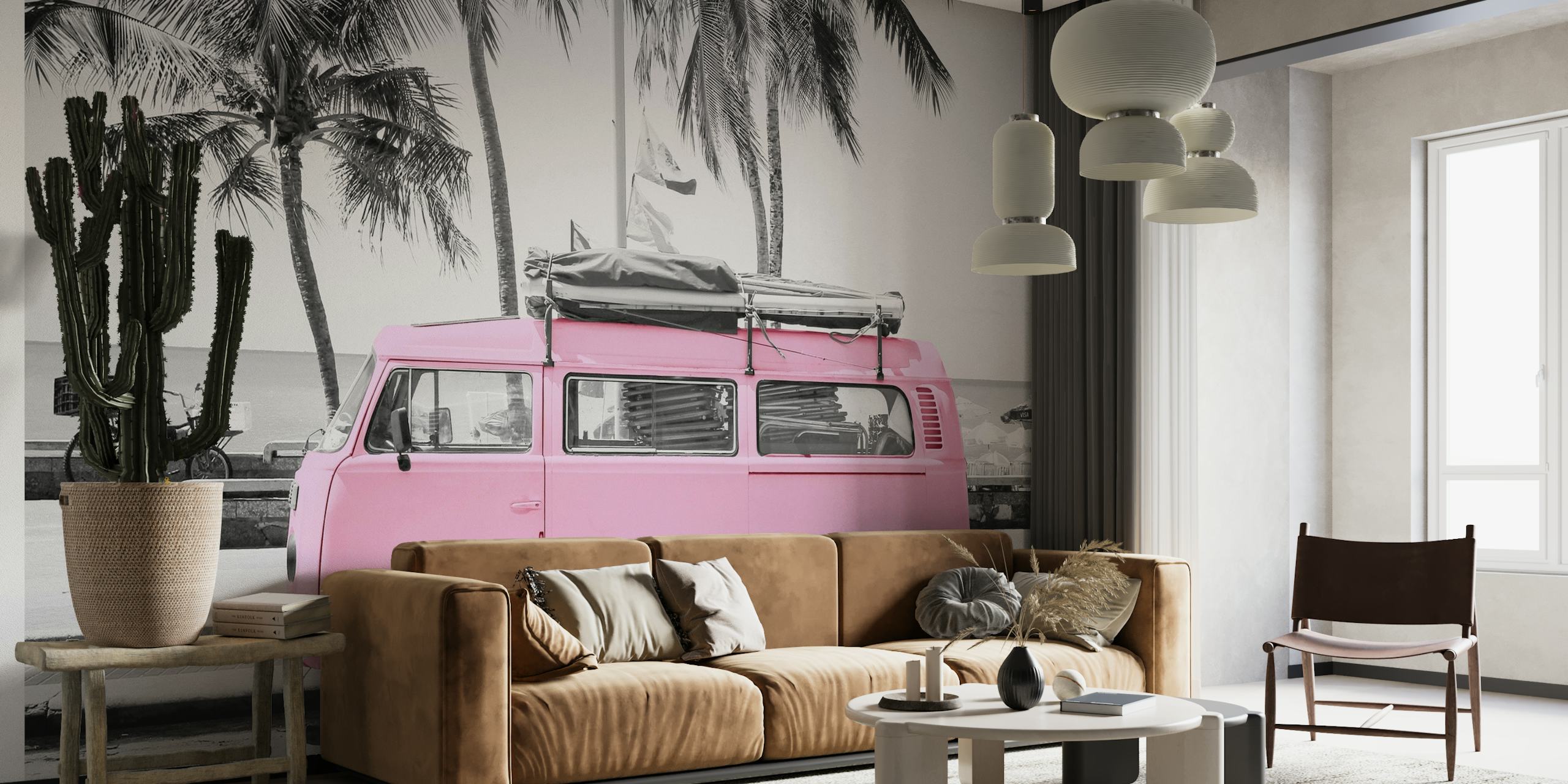 Retro pink Volkswagen beach wallpaper