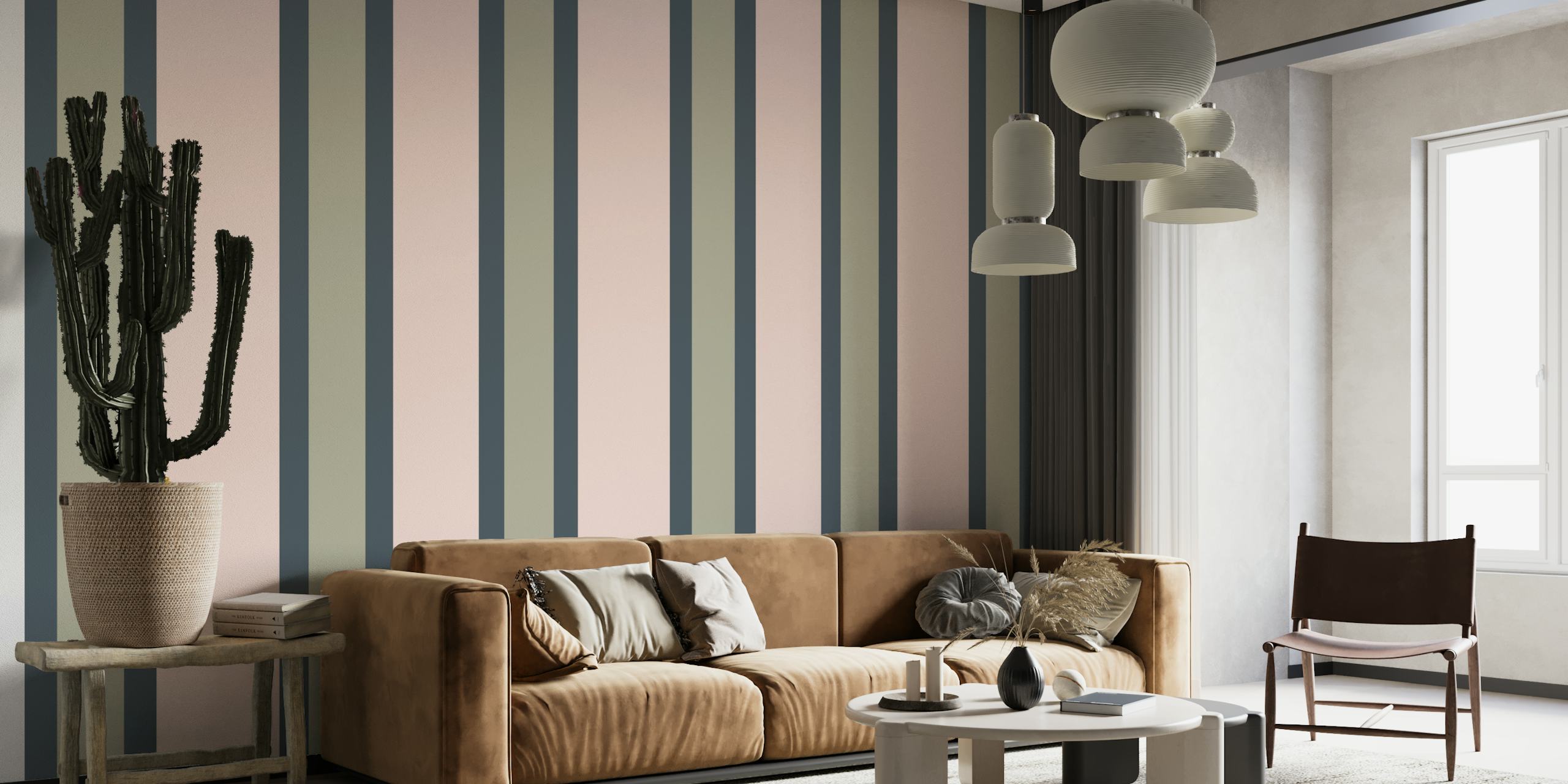 Striped wallpaper in pink, green, and gray tones, modern style