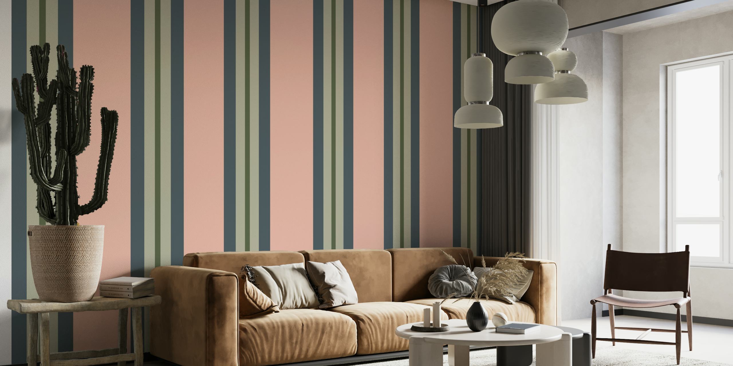 Classic Stripes 3 wall mural with alternating shades of peach and green