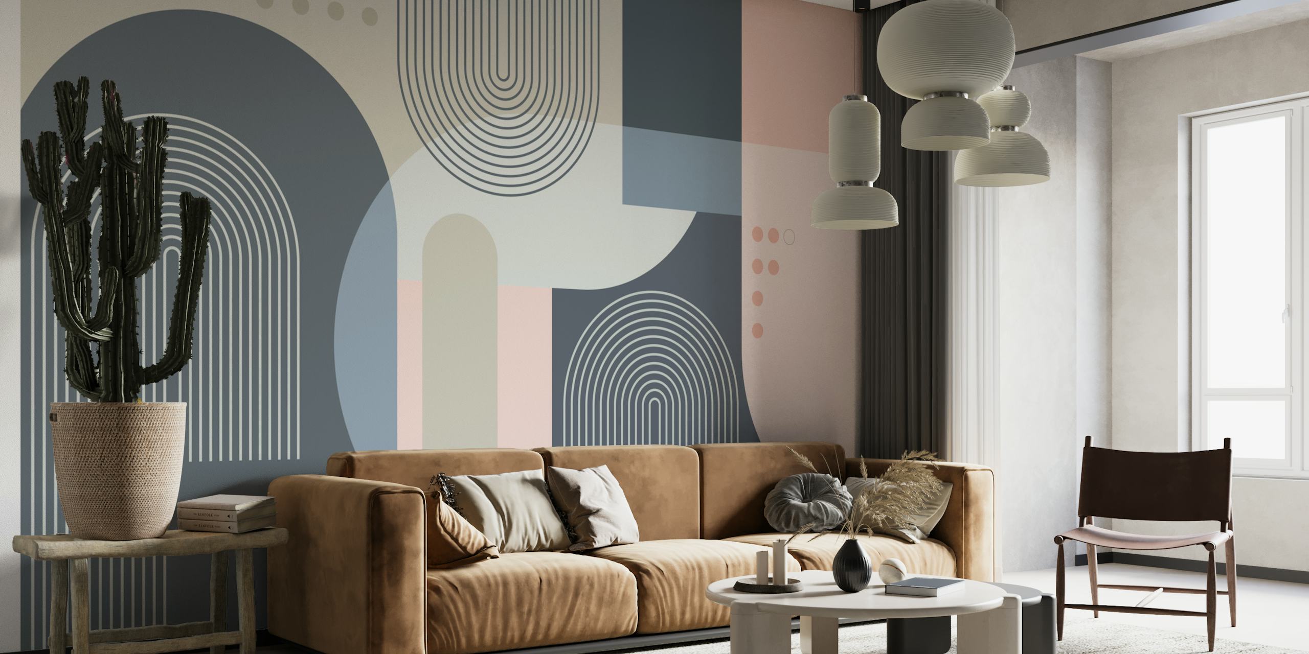 Mural de parede Mid Century Abstract Arches 2 com pastéis suaves e formas geométricas
