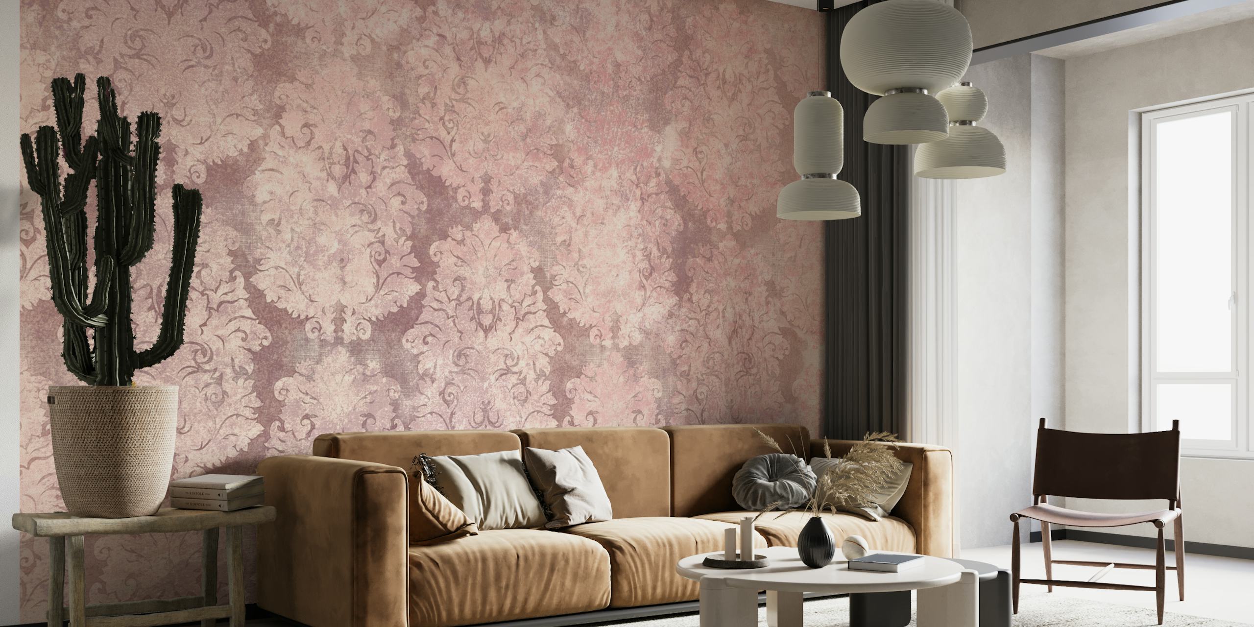 Pink antique damask pattern wallpaper with intricate floral motifs.