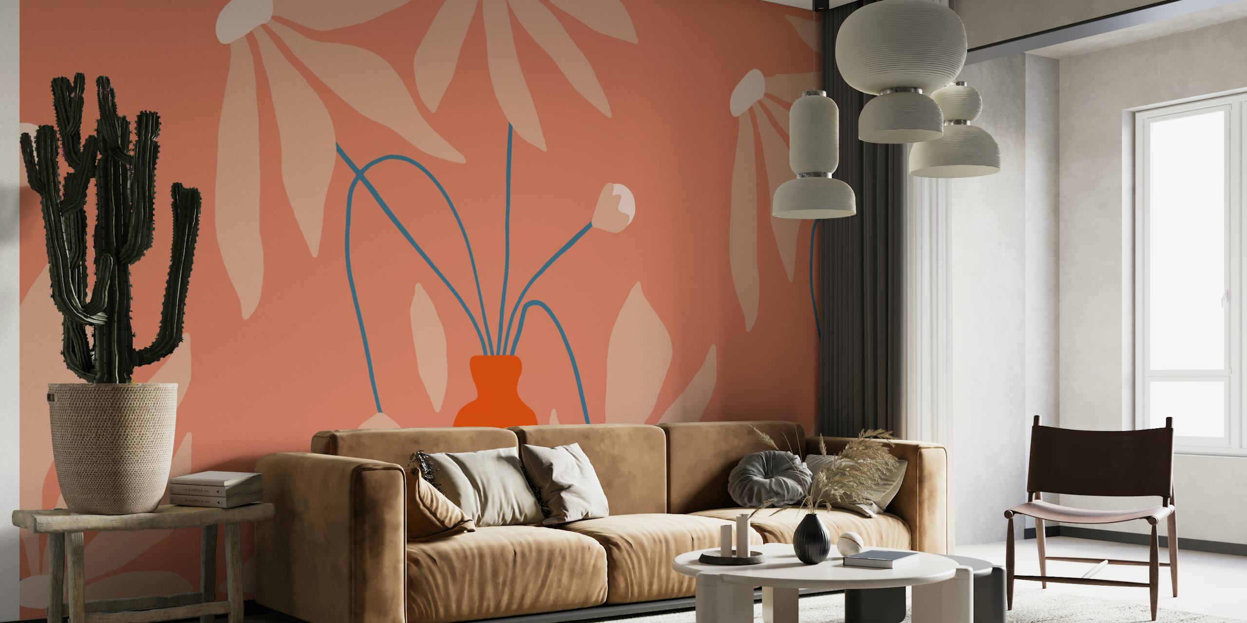 Large mid century floral pattern with earthy tones and a vase wallpaper