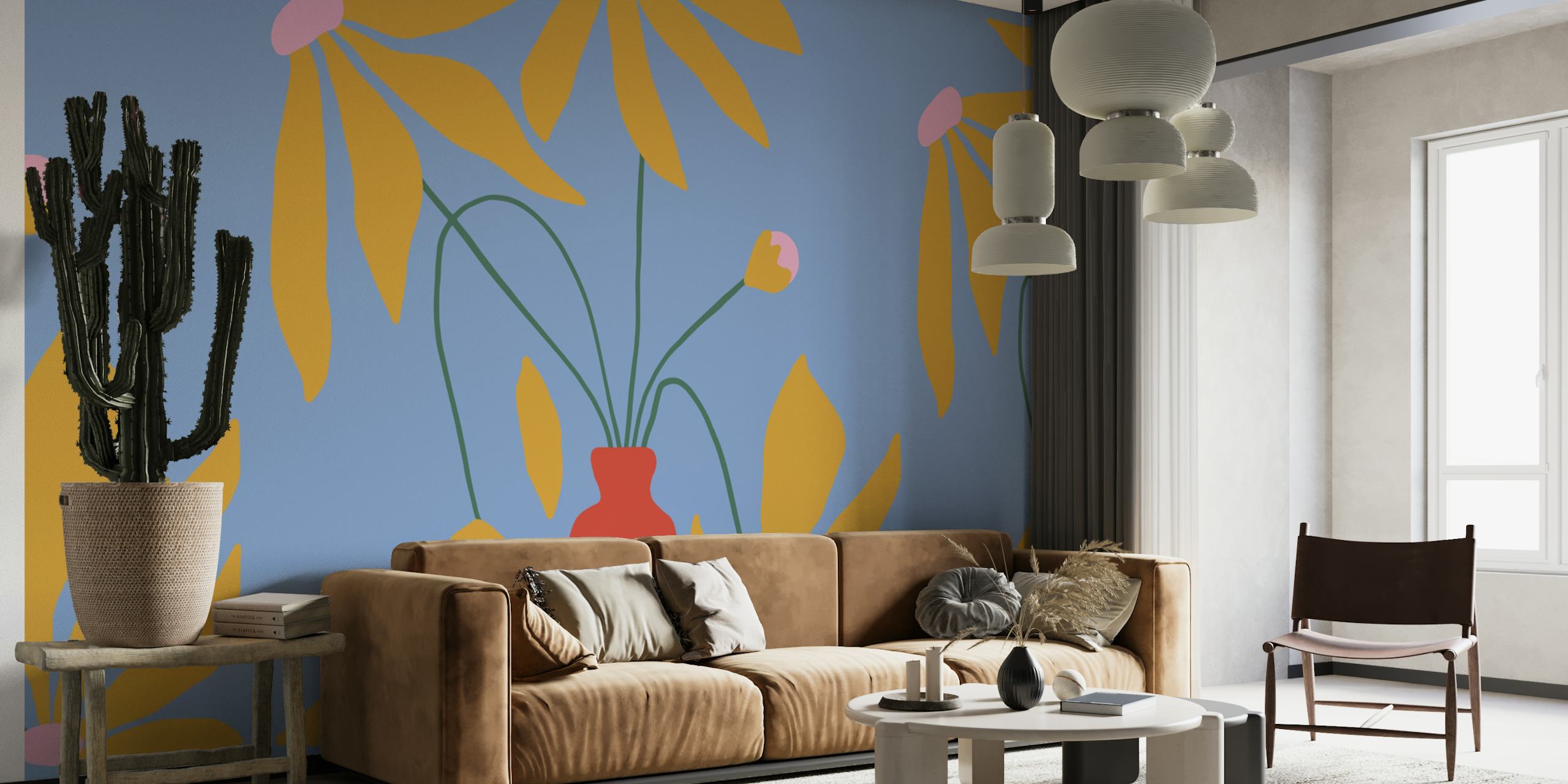 Colorful floral design with yellow petals and pink accents on blue wallpaper