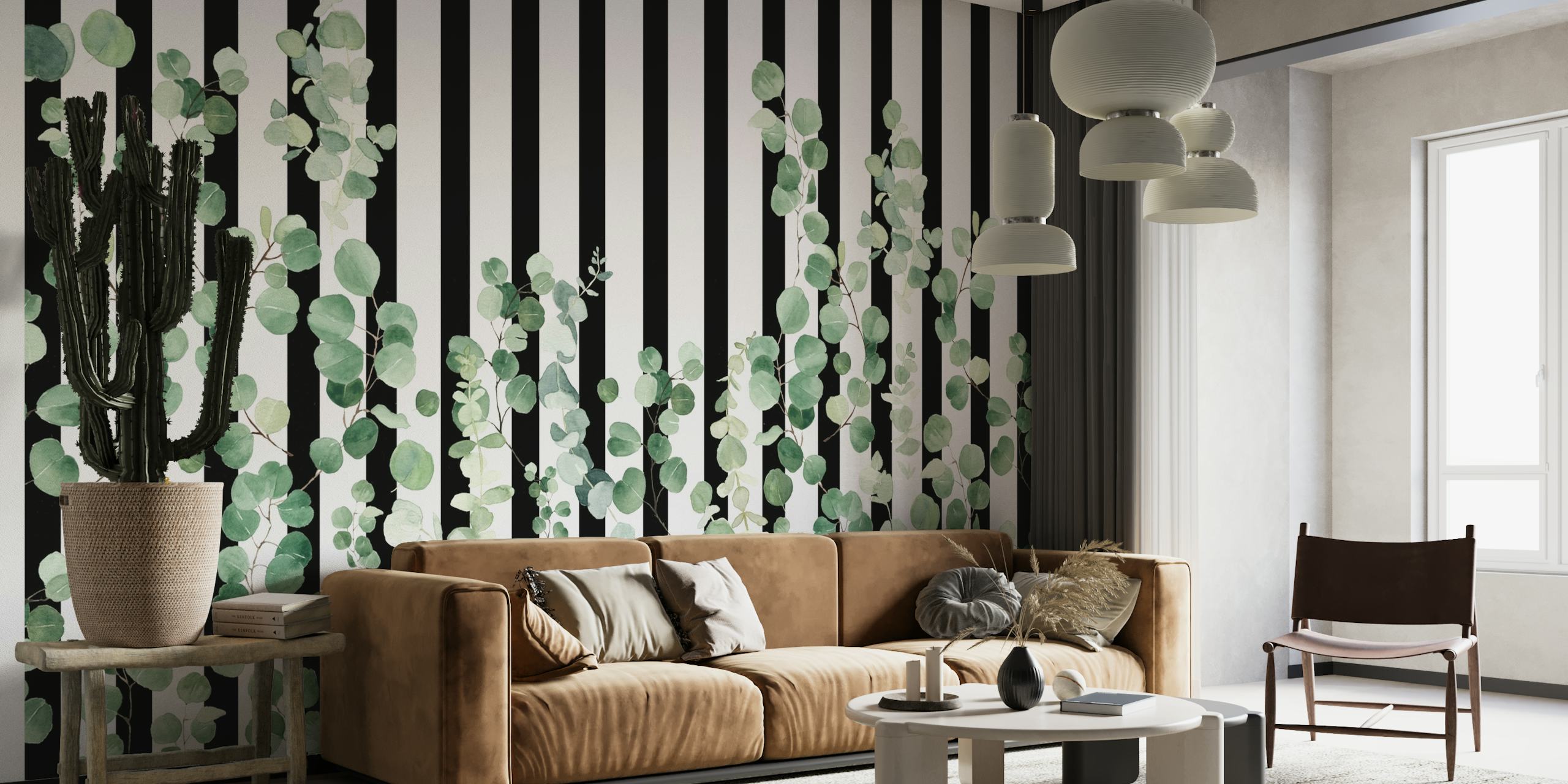Elegante mural de pared a rayas blancas y negras con superposición de hojas botánicas verdes