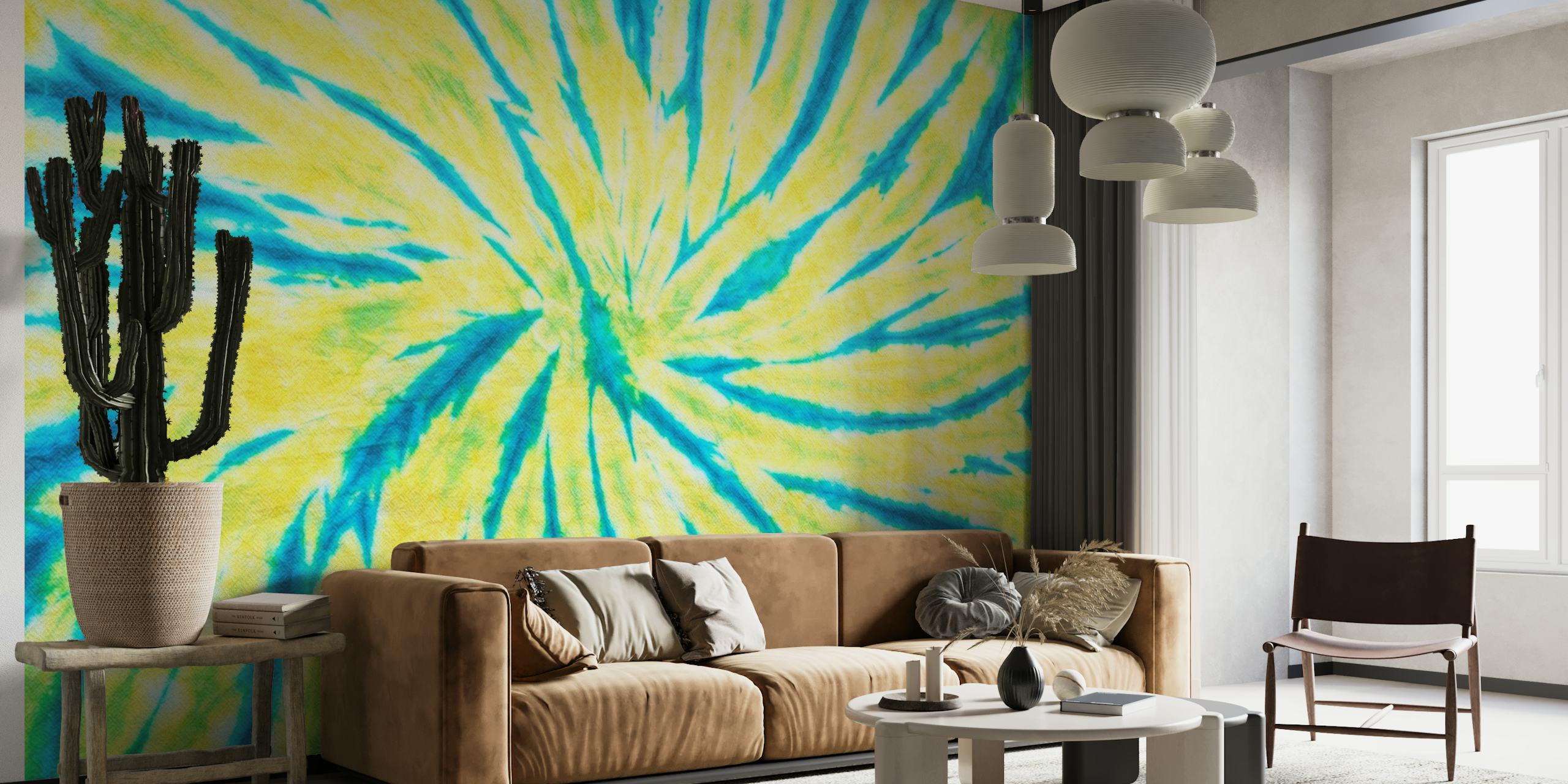 Yellow and Blue Tie Dye Wall Mural with swirling patterns