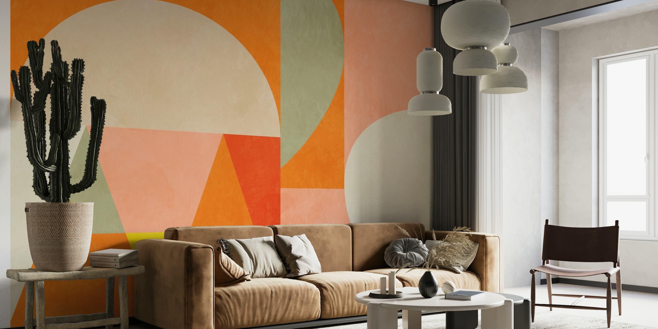 Geometric patterns in warm colors orange, pink, green, and yellow wallpaper