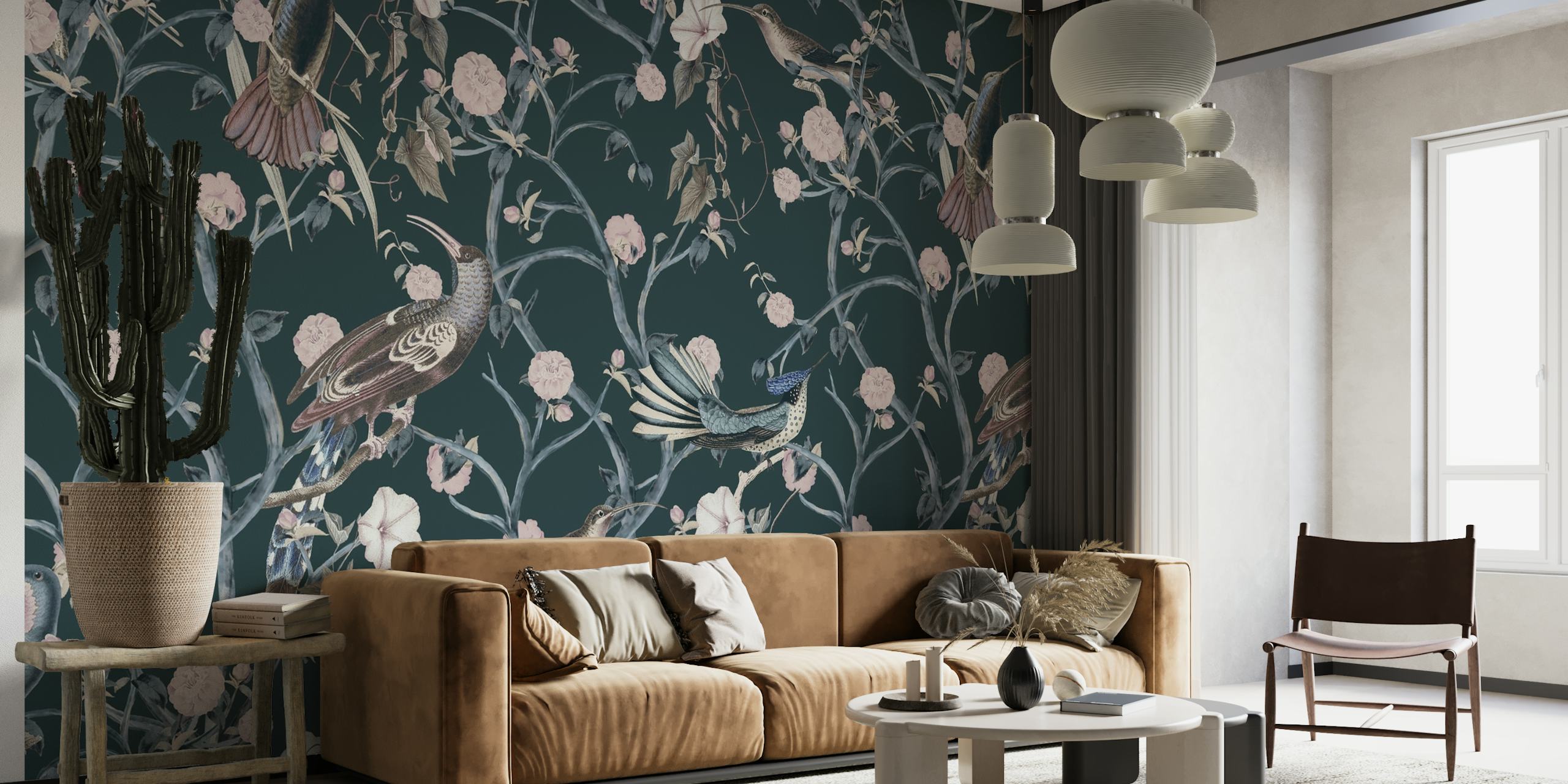 Chinoiserie style wallpaper with birds and flowering trees on a green background