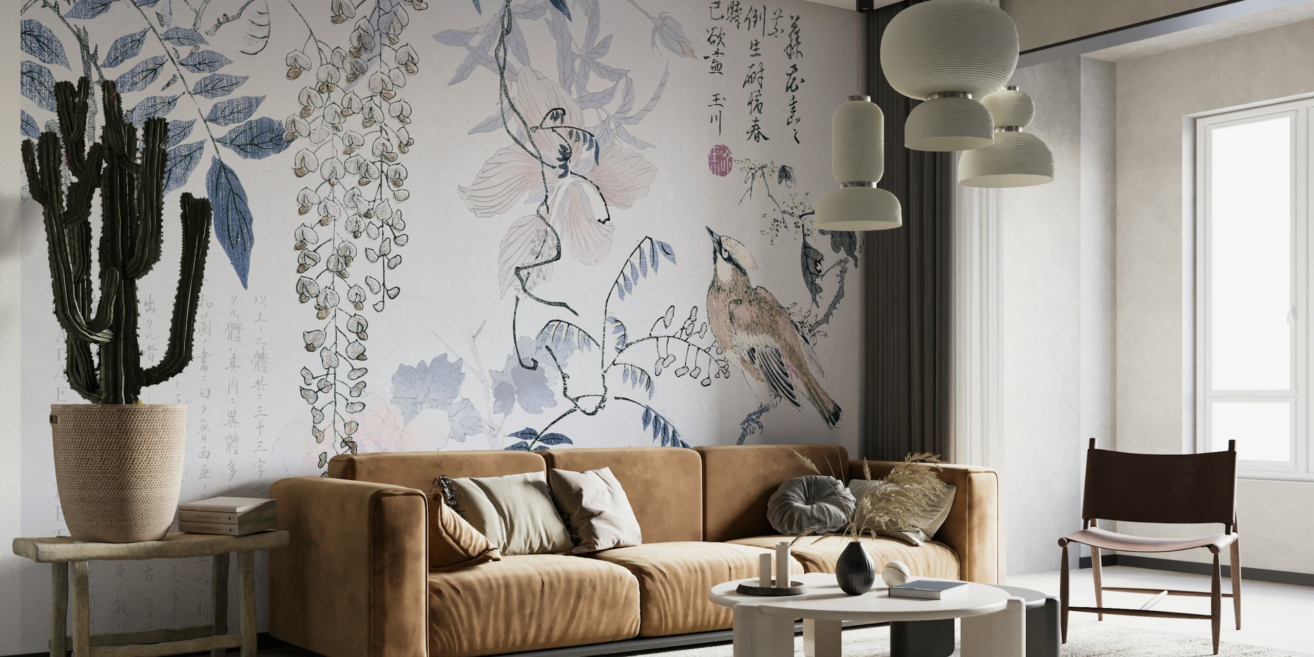 Elegante mural chinoiserie con pájaros y glicinas