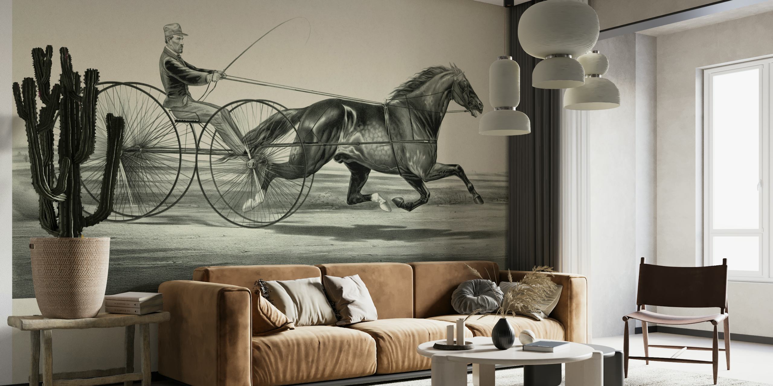 Mural histórico monocromático de corrida de cavalos representando um jóquei em uma carruagem puxada por cavalos