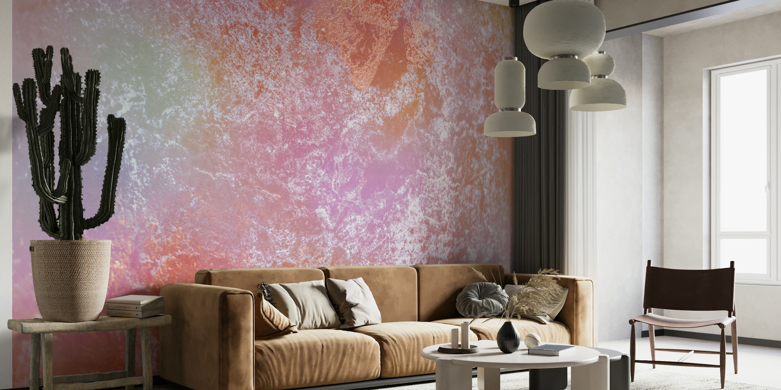 Pastel wall mural with soft pink, blue, and yellow hues resembling a candy-inspired dreamscape.