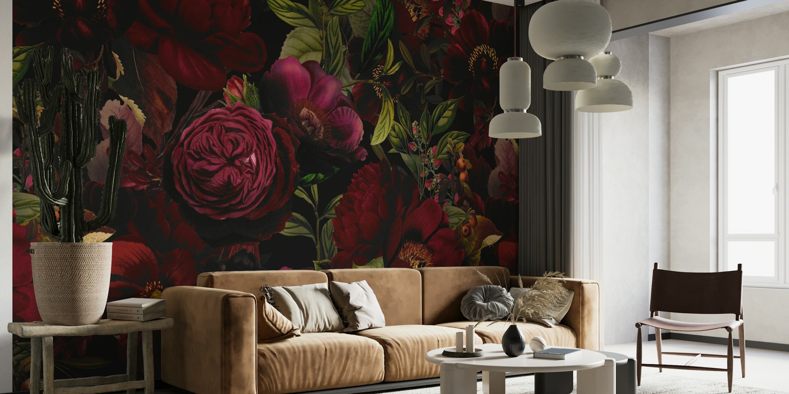 Dark floral wallpaper featuring red roses and green foliage