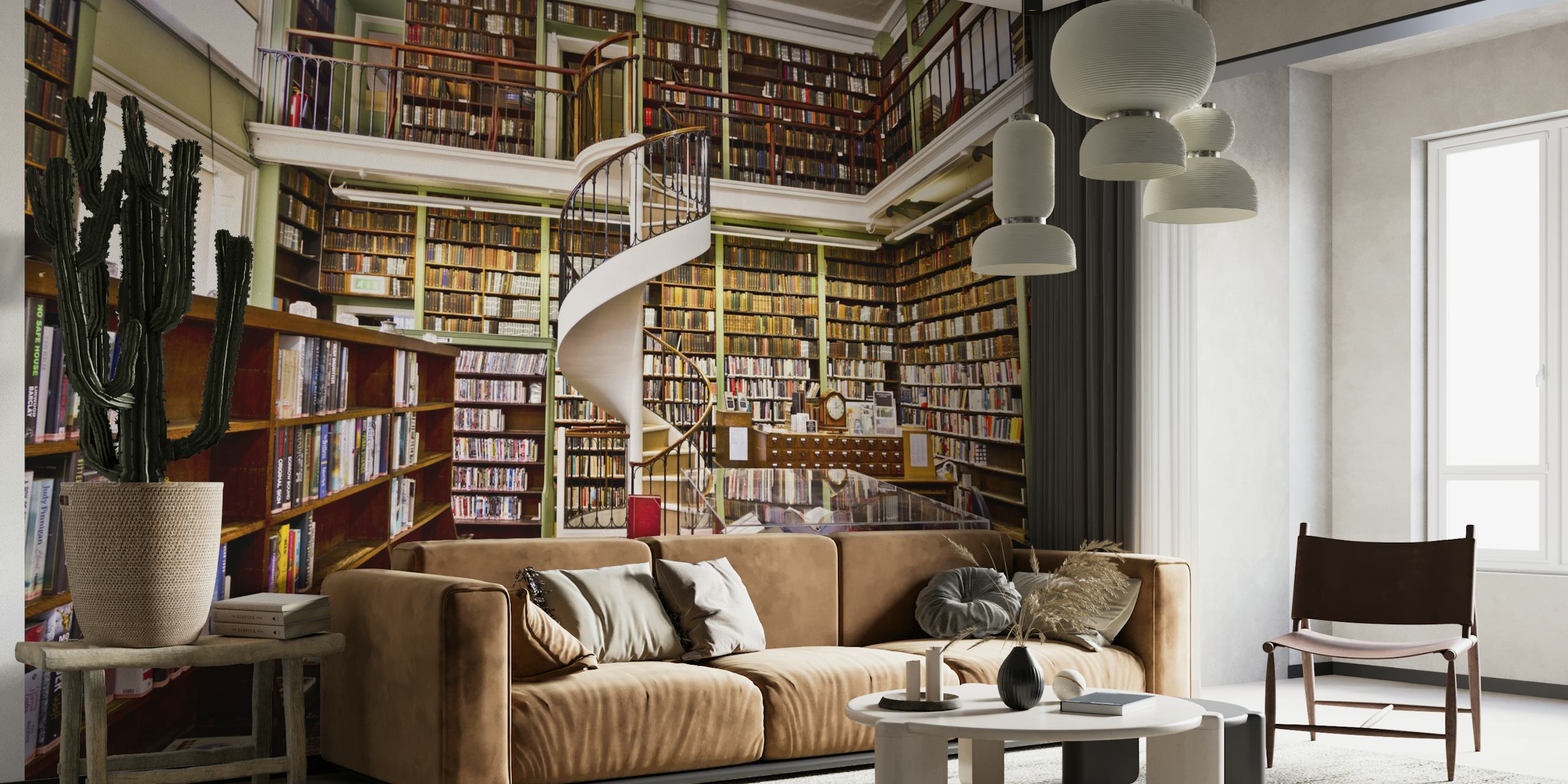 Fototapet av ett mysigt bibliotek med bokhyllor och en spiraltrappa