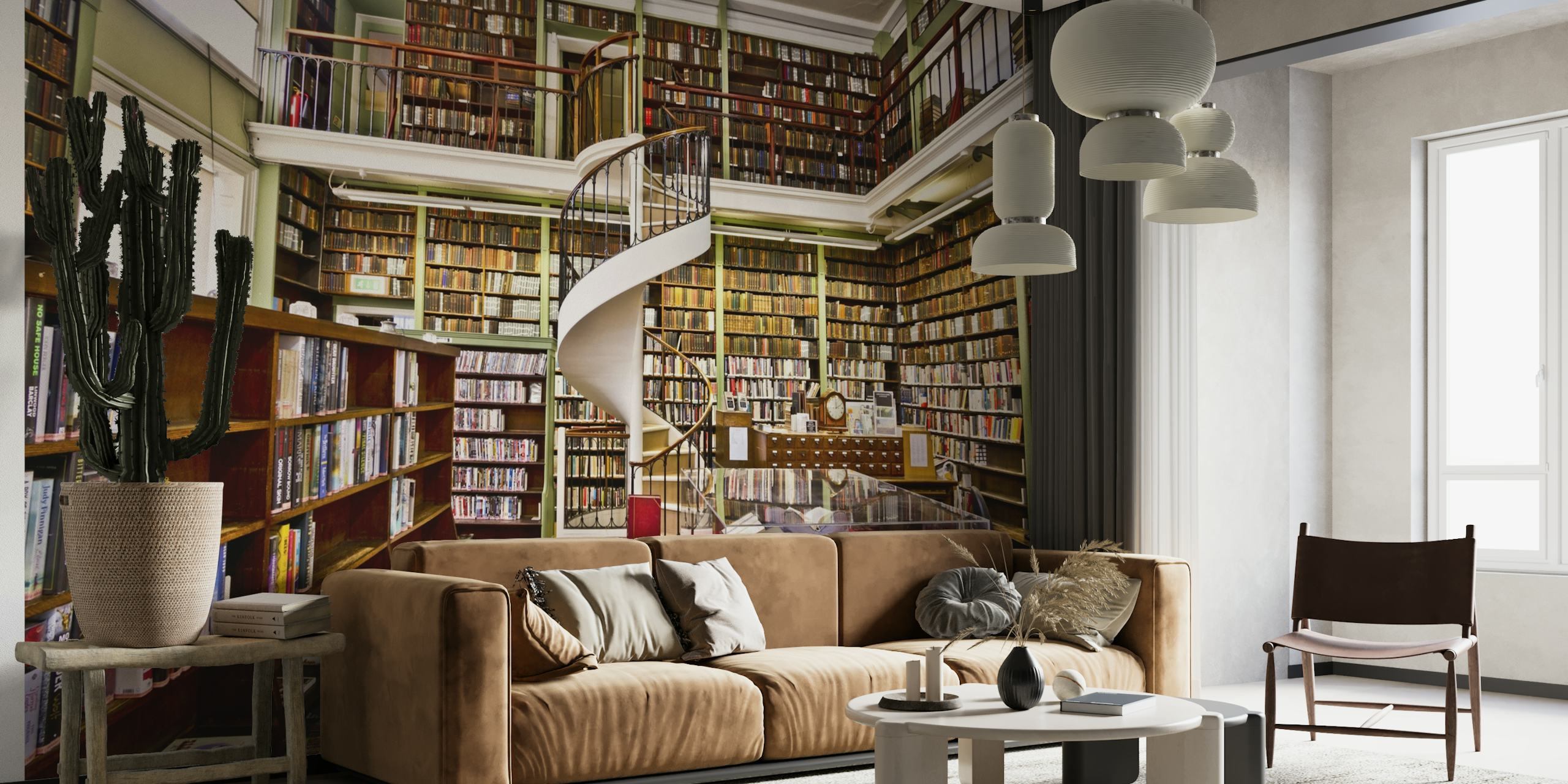 Zidna slika udobne knjižnice s policama za knjige i spiralnim stubištem