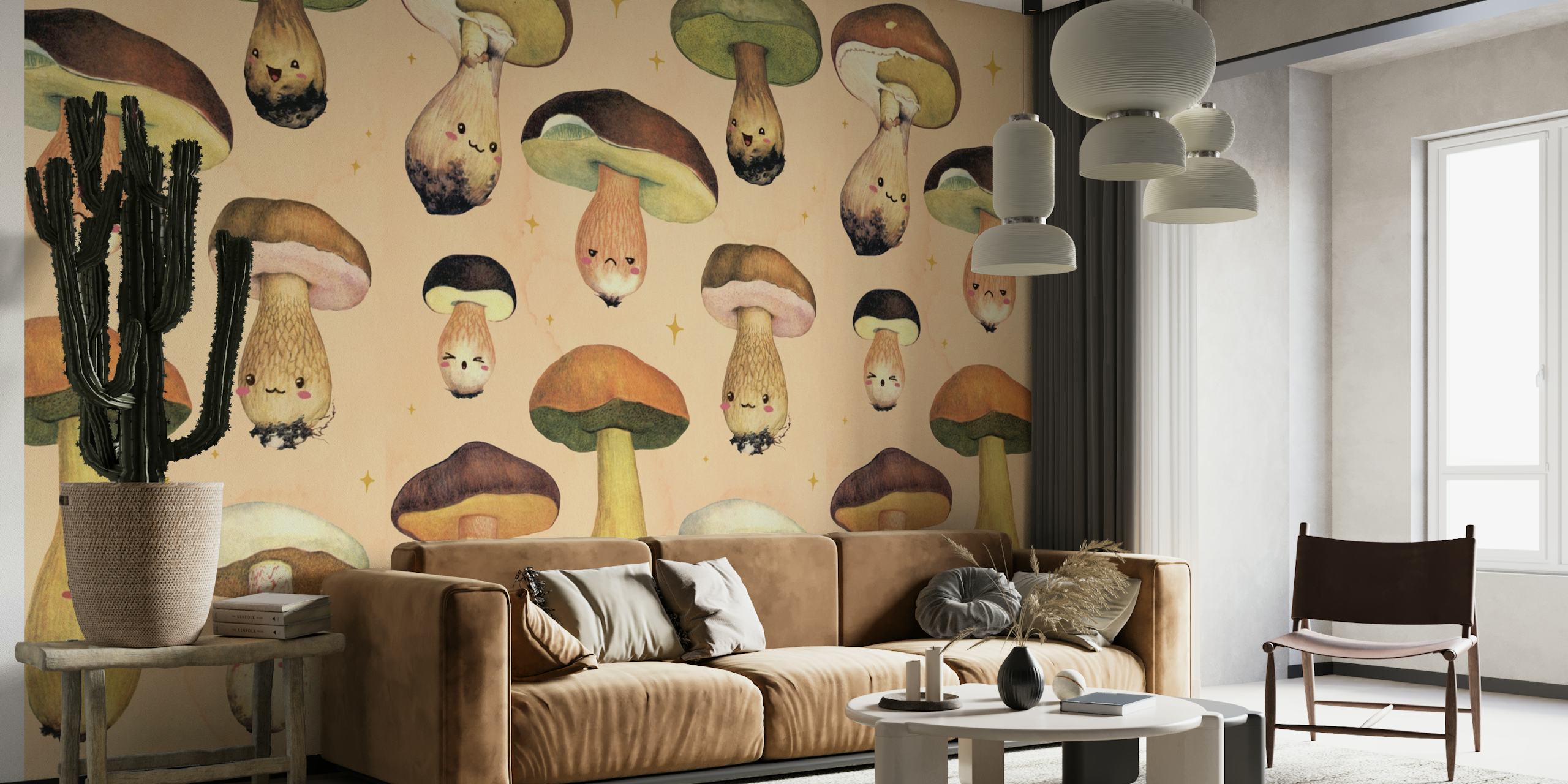 Illustreret Happy Forest Mushroom-vægmaleri med finurlige svampefigurer på en varm baggrund
