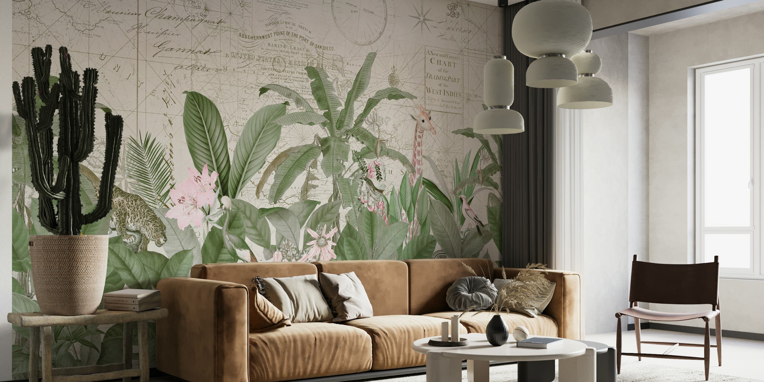 Lush tropical foliage with animals and vintage map wallpaper