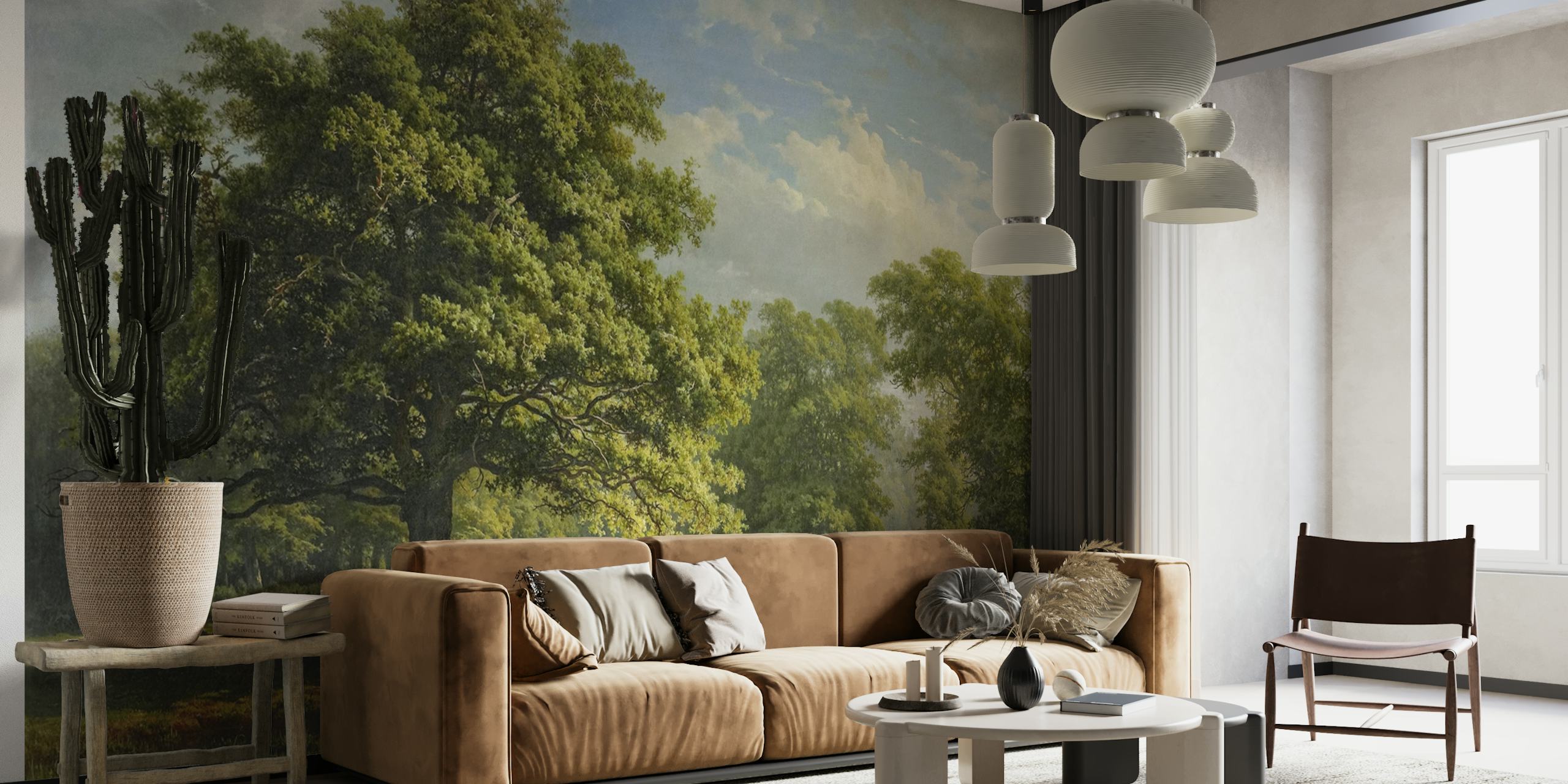 Antique landscape wallpaper showing horses, trees, and blue sky