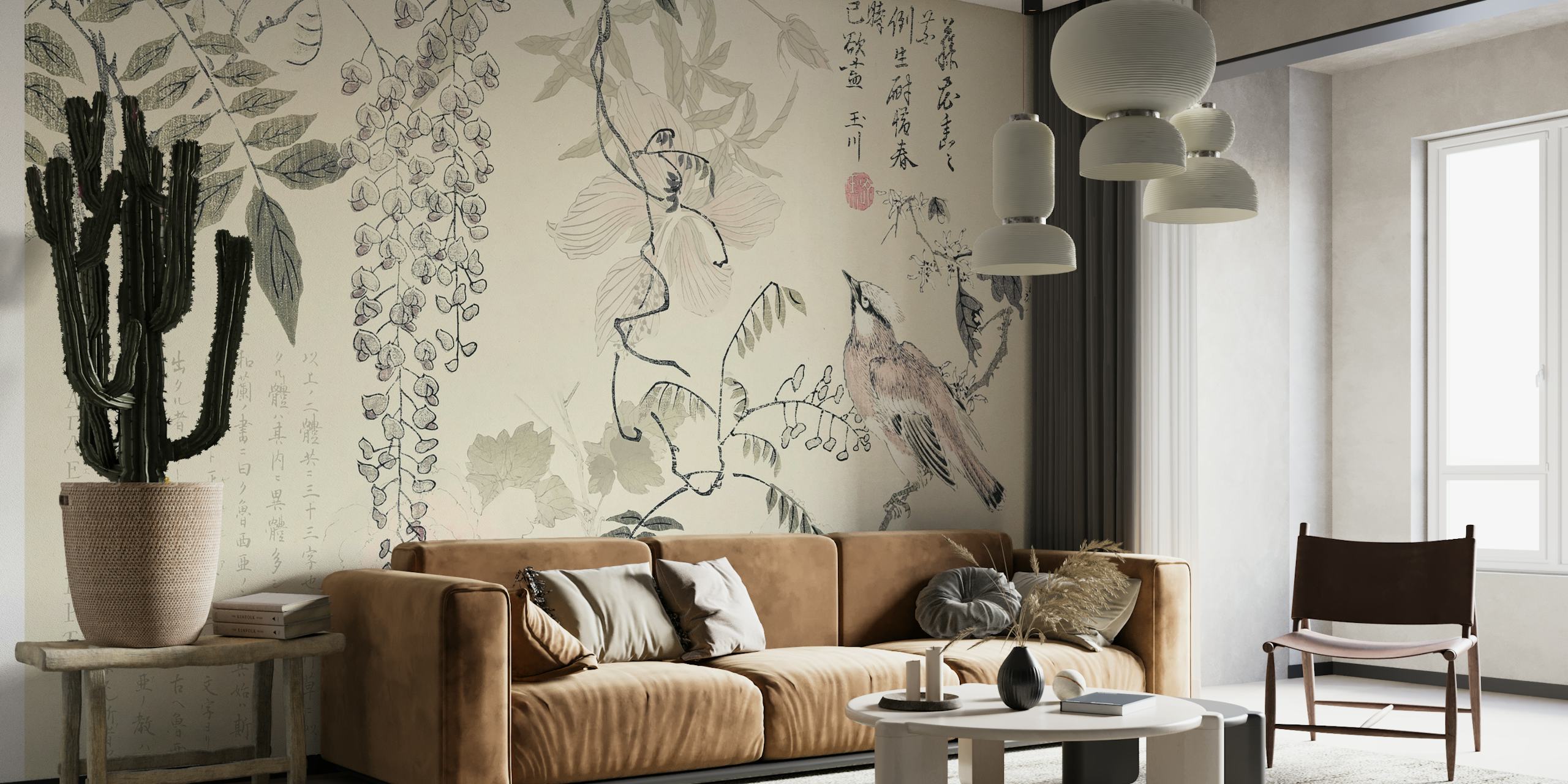 Papier peint mural Wisteria Bird Chinoiserie avec des oiseaux et des fleurs sur fond neutre