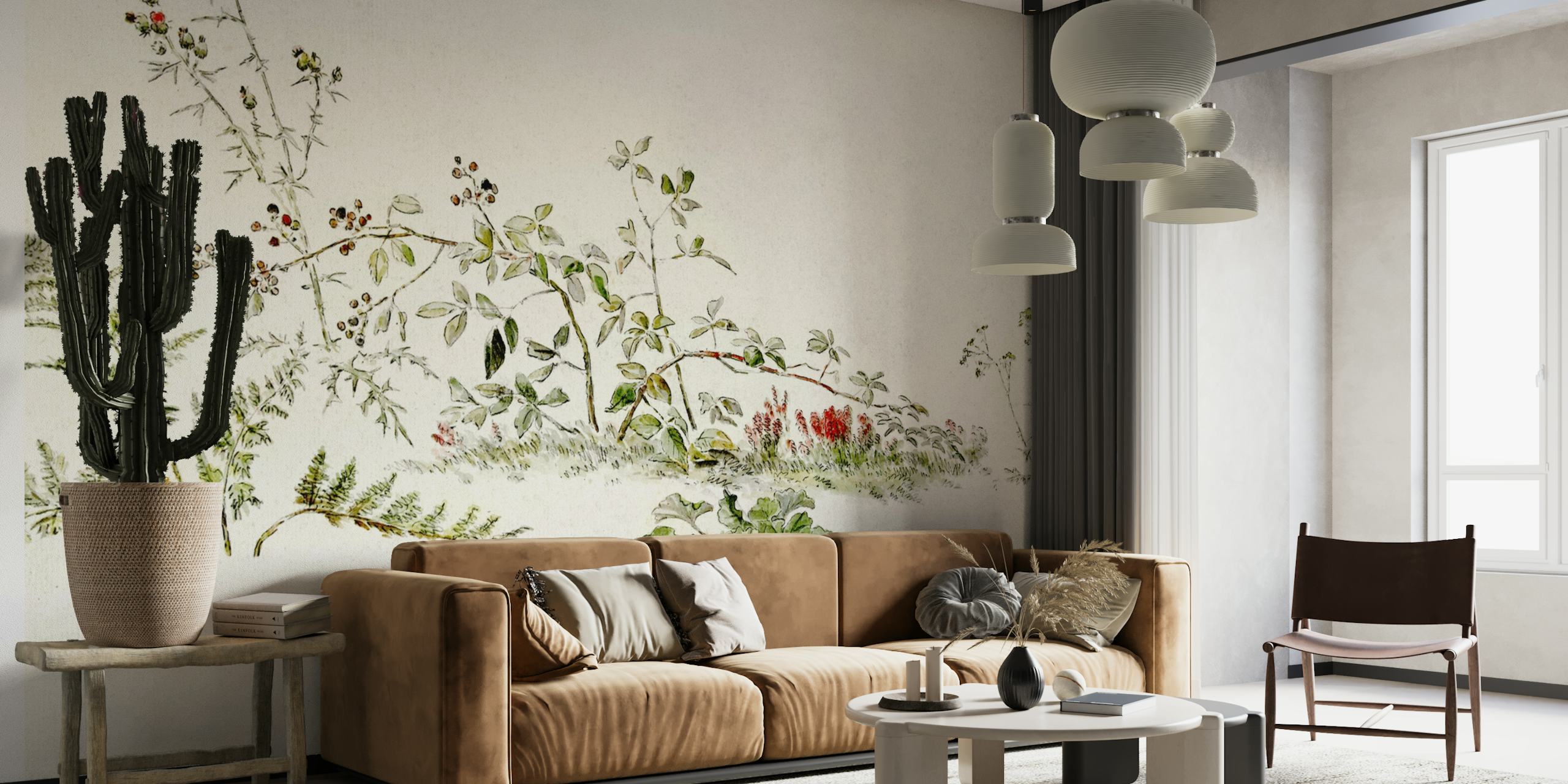 Håndtegnede botaniske illustrationer vægmaleri med bløde grønne og subtile røde accenter på en ren baggrund.