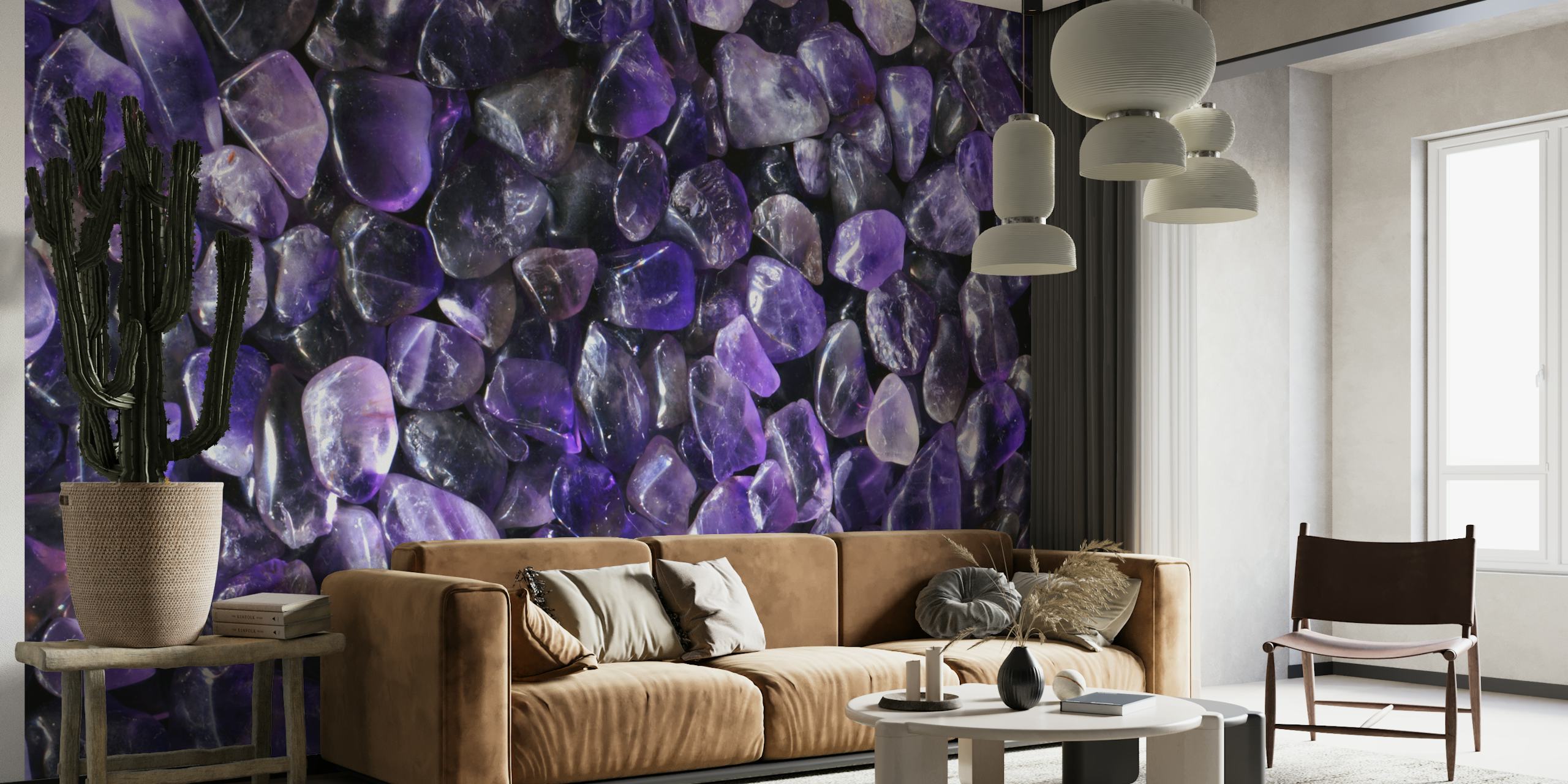 Lila edelsteen fotobehang met een weelderige spreiding van paarse kristallijne stenen